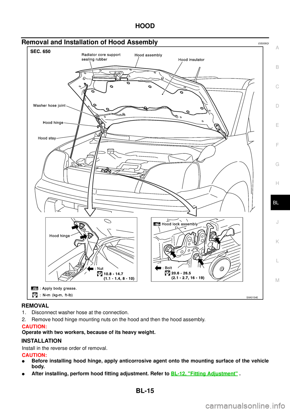 NISSAN X-TRAIL 2003  Service Repair Manual HOOD
BL-15
C
D
E
F
G
H
J
K
L
MA
B
BL
 
Removal and Installation of Hood AssemblyEIS009QI
REMOVAL
1. Disconnect washer hose at the connection.
2. Remove hood hinge mounting nuts on the hood and then th