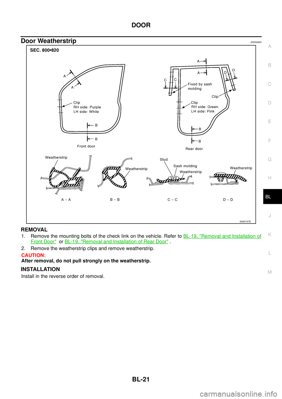 NISSAN X-TRAIL 2003  Service Repair Manual DOOR
BL-21
C
D
E
F
G
H
J
K
L
MA
B
BL
 
Door WeatherstripEIS00A6A
REMOVAL
1. Remove the mounting bolts of the check link on the vehicle. Refer to BL-19, "Removal and Installation of
Front Door"  or BL-