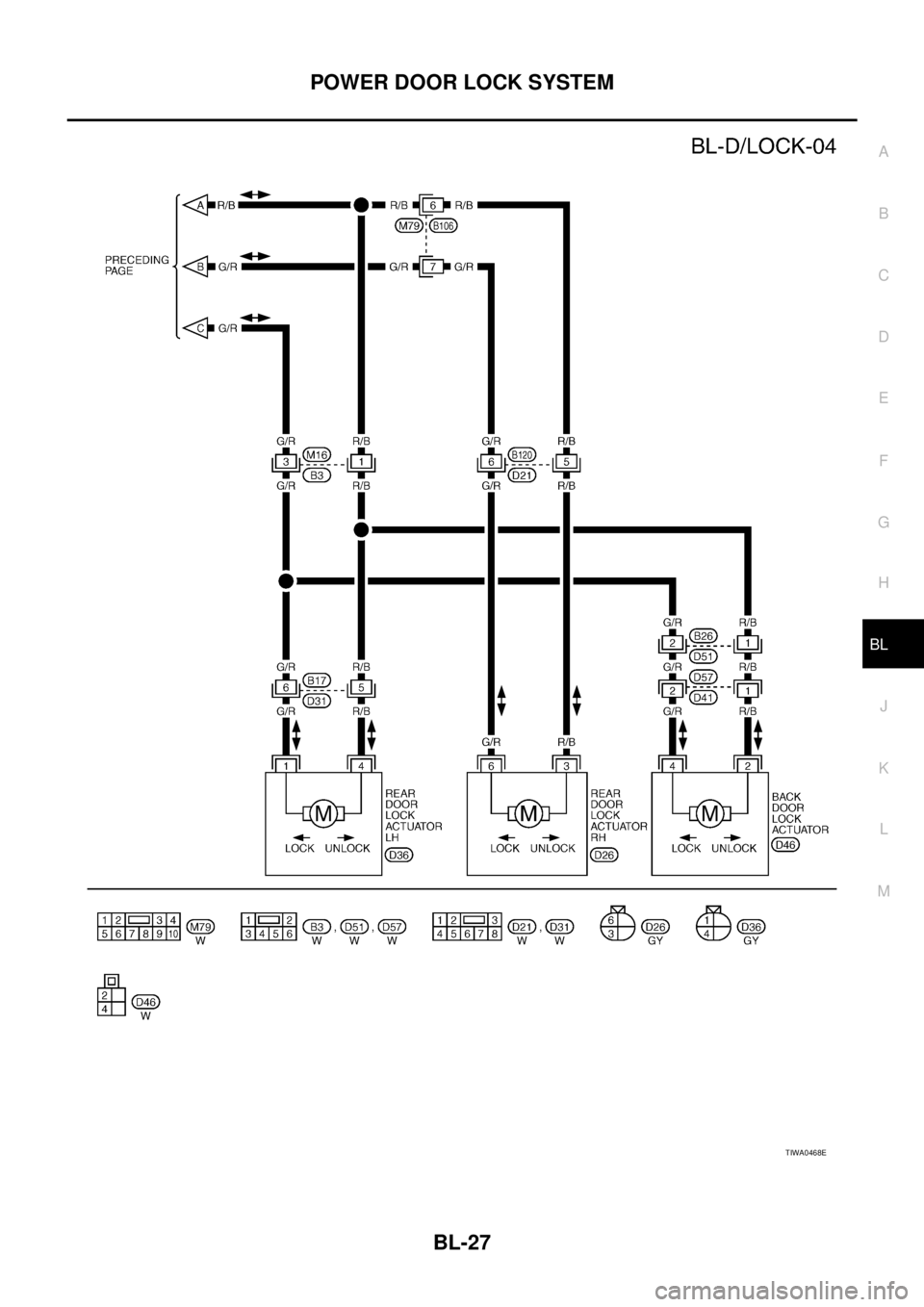 NISSAN X-TRAIL 2003  Service Repair Manual POWER DOOR LOCK SYSTEM
BL-27
C
D
E
F
G
H
J
K
L
MA
B
BL
 
TIWA0468E 