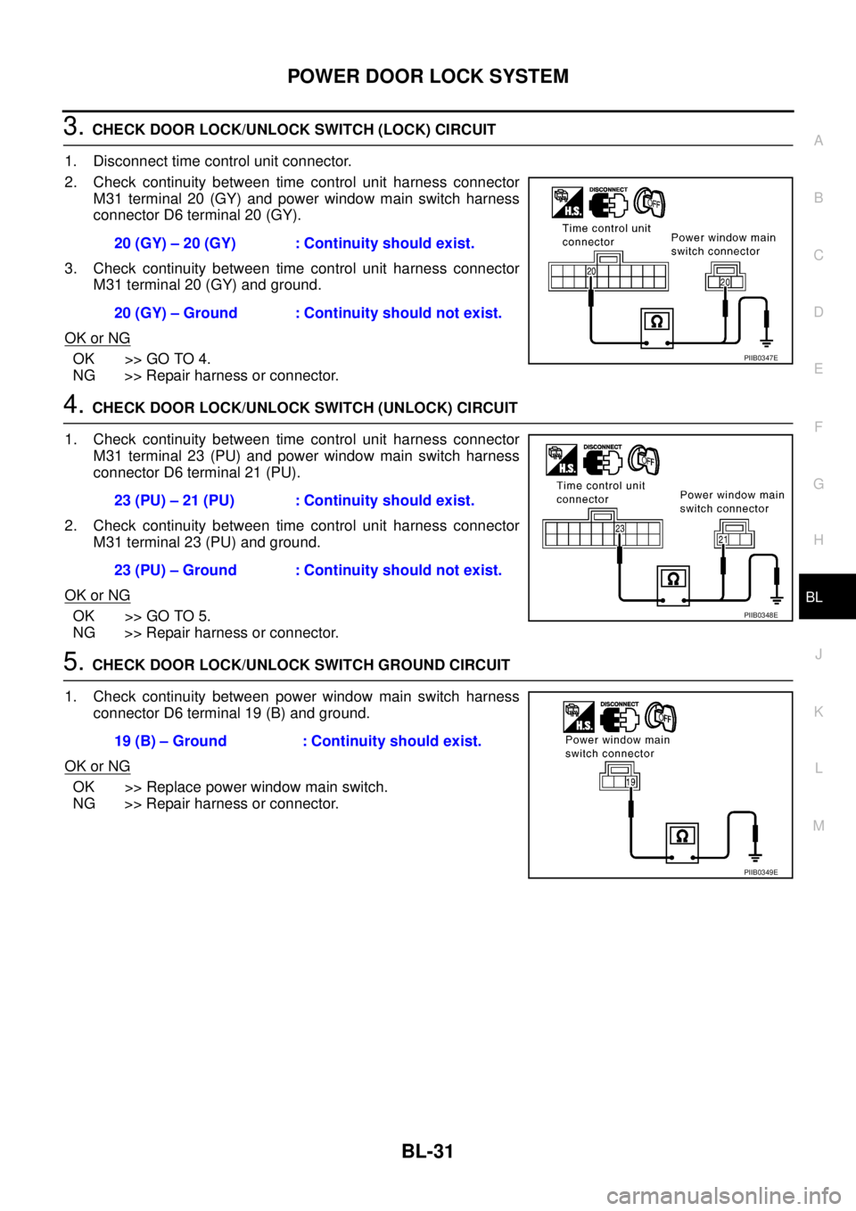 NISSAN X-TRAIL 2003 Service Repair Manual POWER DOOR LOCK SYSTEM
BL-31
C
D
E
F
G
H
J
K
L
MA
B
BL
3. CHECK DOOR LOCK/UNLOCK SWITCH (LOCK) CIRCUIT
1. Disconnect time control unit connector.
2. Check continuity between time control unit harnes NISSAN X-TRAIL 2003 Service Repair Manual POWER DOOR LOCK SYSTEM
BL-31
C
D
E
F
G
H
J
K
L
MA
B
BL
3. CHECK DOOR LOCK/UNLOCK SWITCH (LOCK) CIRCUIT
1. Disconnect time control unit connector.
2. Check continuity between time control unit harnes