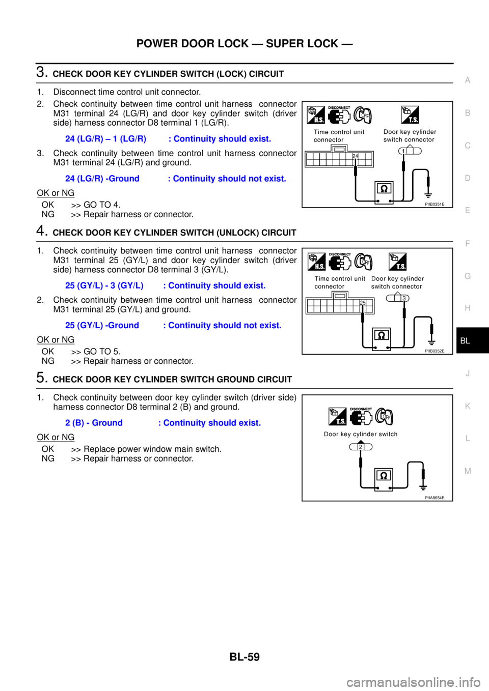 NISSAN X-TRAIL 2003 Service Repair Manual POWER DOOR LOCK — SUPER LOCK —
BL-59
C
D
E
F
G
H
J
K
L
MA
B
BL
3. CHECK DOOR KEY CYLINDER SWITCH (LOCK) CIRCUIT
1. Disconnect time control unit connector.
2. Check continuity between time contro NISSAN X-TRAIL 2003 Service Repair Manual POWER DOOR LOCK — SUPER LOCK —
BL-59
C
D
E
F
G
H
J
K
L
MA
B
BL
3. CHECK DOOR KEY CYLINDER SWITCH (LOCK) CIRCUIT
1. Disconnect time control unit connector.
2. Check continuity between time contro