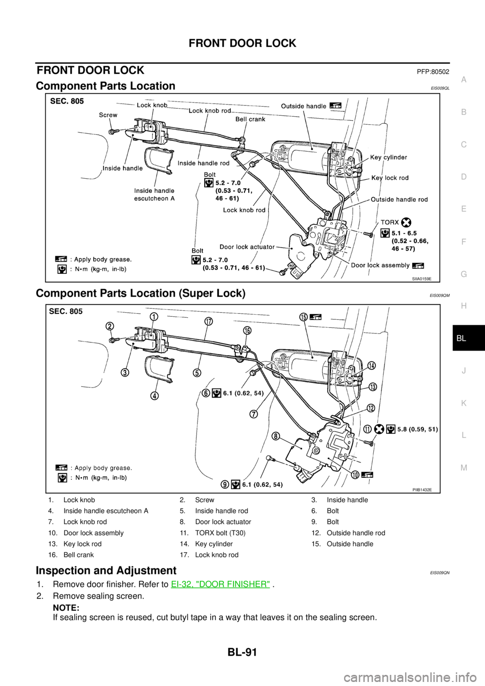 NISSAN X-TRAIL 2003  Service Repair Manual FRONT DOOR LOCK
BL-91
C
D
E
F
G
H
J
K
L
MA
B
BL
 
FRONT DOOR LOCKPFP:80502
Component Parts LocationEIS009QL
Component Parts Location (Super Lock)EIS009QM
Inspection and AdjustmentEIS009QN
1. Remove do