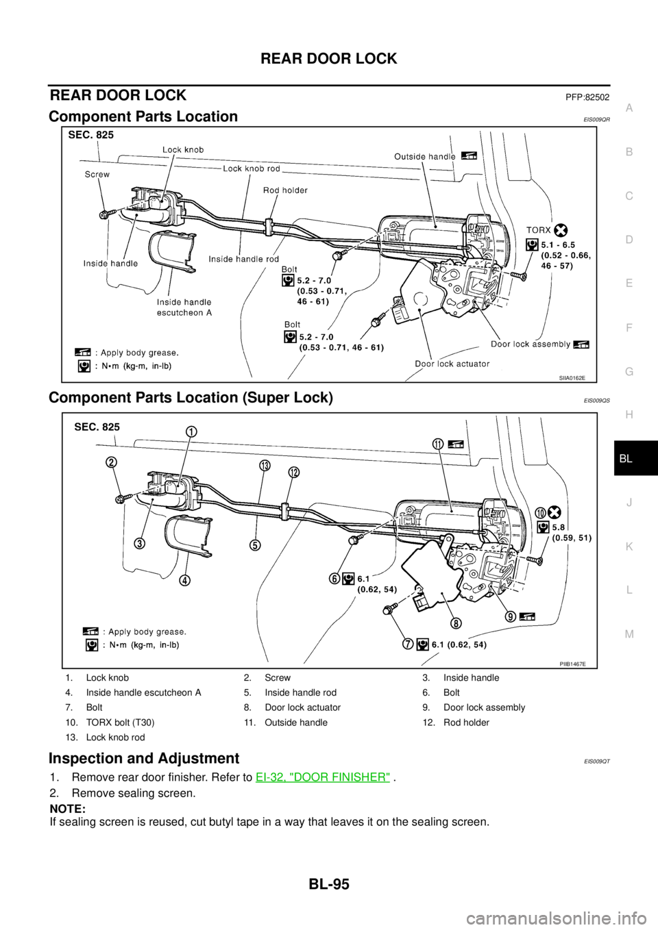 NISSAN X-TRAIL 2003  Service Repair Manual REAR DOOR LOCK
BL-95
C
D
E
F
G
H
J
K
L
MA
B
BL
 
REAR DOOR LOCKPFP:82502
Component Parts LocationEIS009QR
Component Parts Location (Super Lock)EIS009QS
Inspection and AdjustmentEIS009QT
1. Remove rear