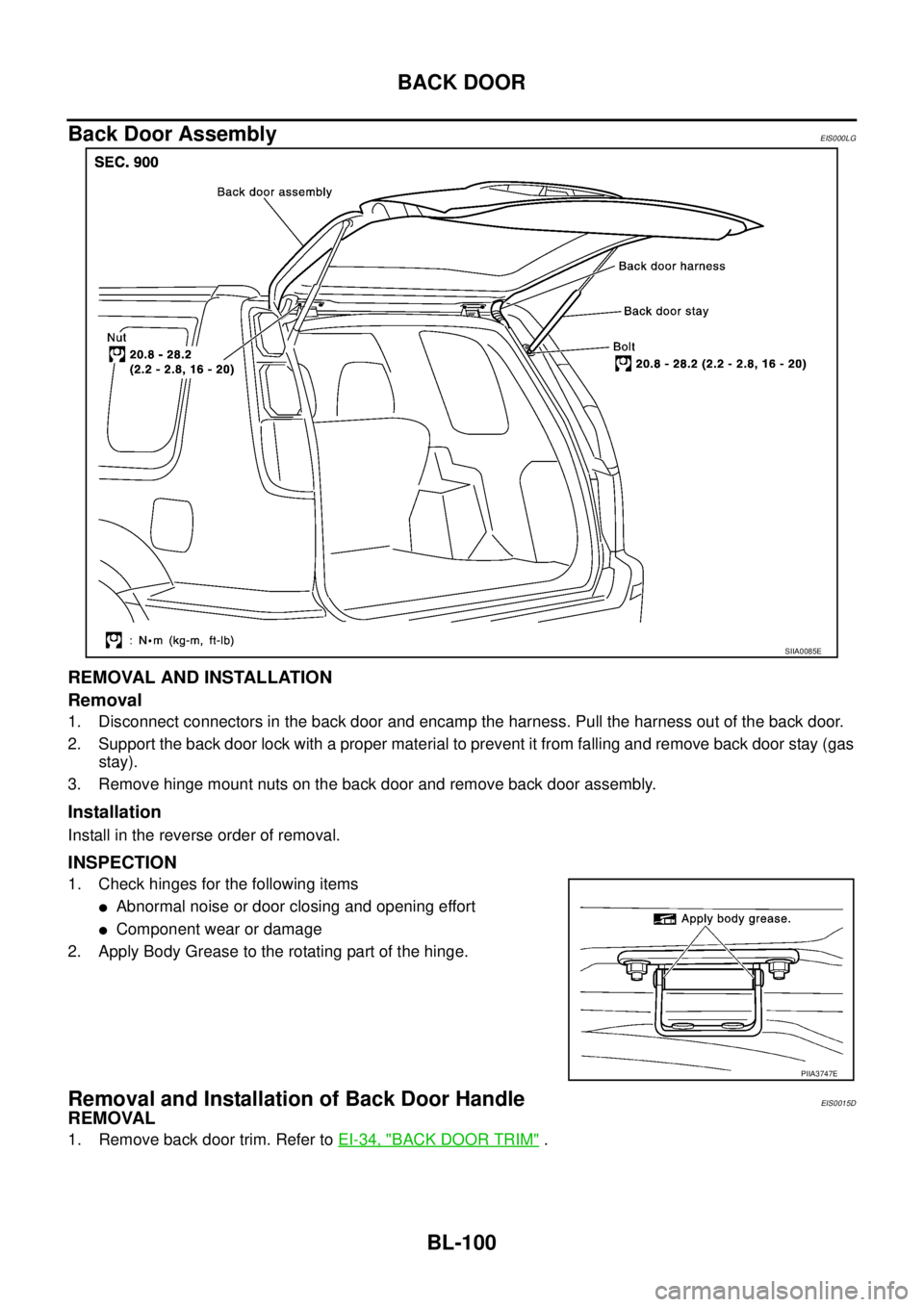 NISSAN X-TRAIL 2003  Service Repair Manual BL-100
BACK DOOR
 
Back Door AssemblyEIS000LG
REMOVAL AND INSTALLATION
Removal
1. Disconnect connectors in the back door and encamp the harness. Pull the harness out of the back door.
2. Support the b