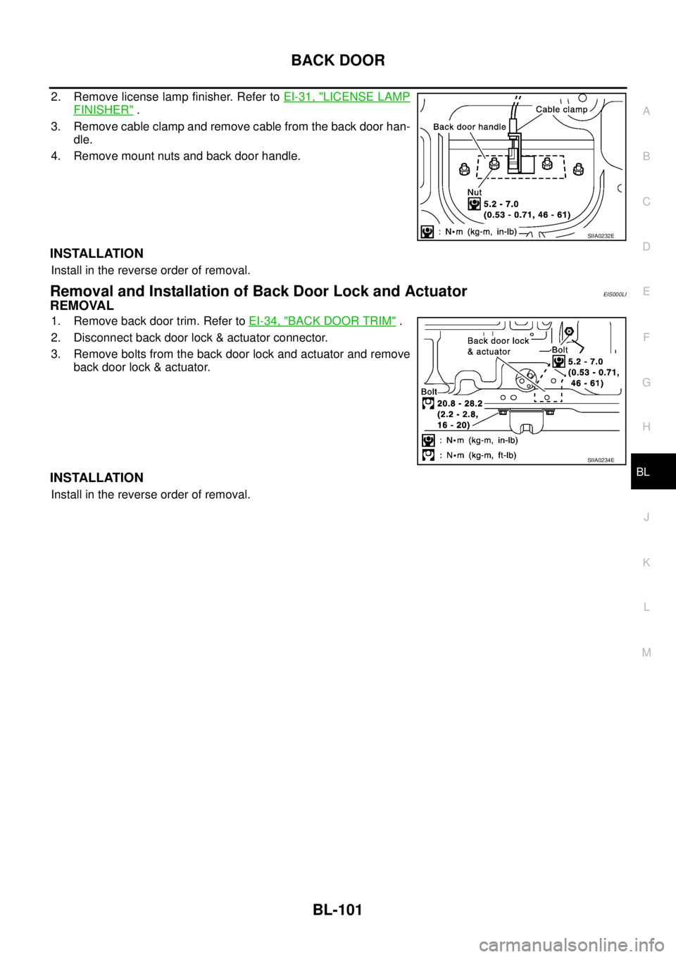 NISSAN X-TRAIL 2003  Service Repair Manual BACK DOOR
BL-101
C
D
E
F
G
H
J
K
L
MA
B
BL
 
2. Remove license lamp finisher. Refer to EI-31, "LICENSE LAMP
FINISHER" .
3. Remove cable clamp and remove cable from the back door han-
dle.
4. Remove mo
