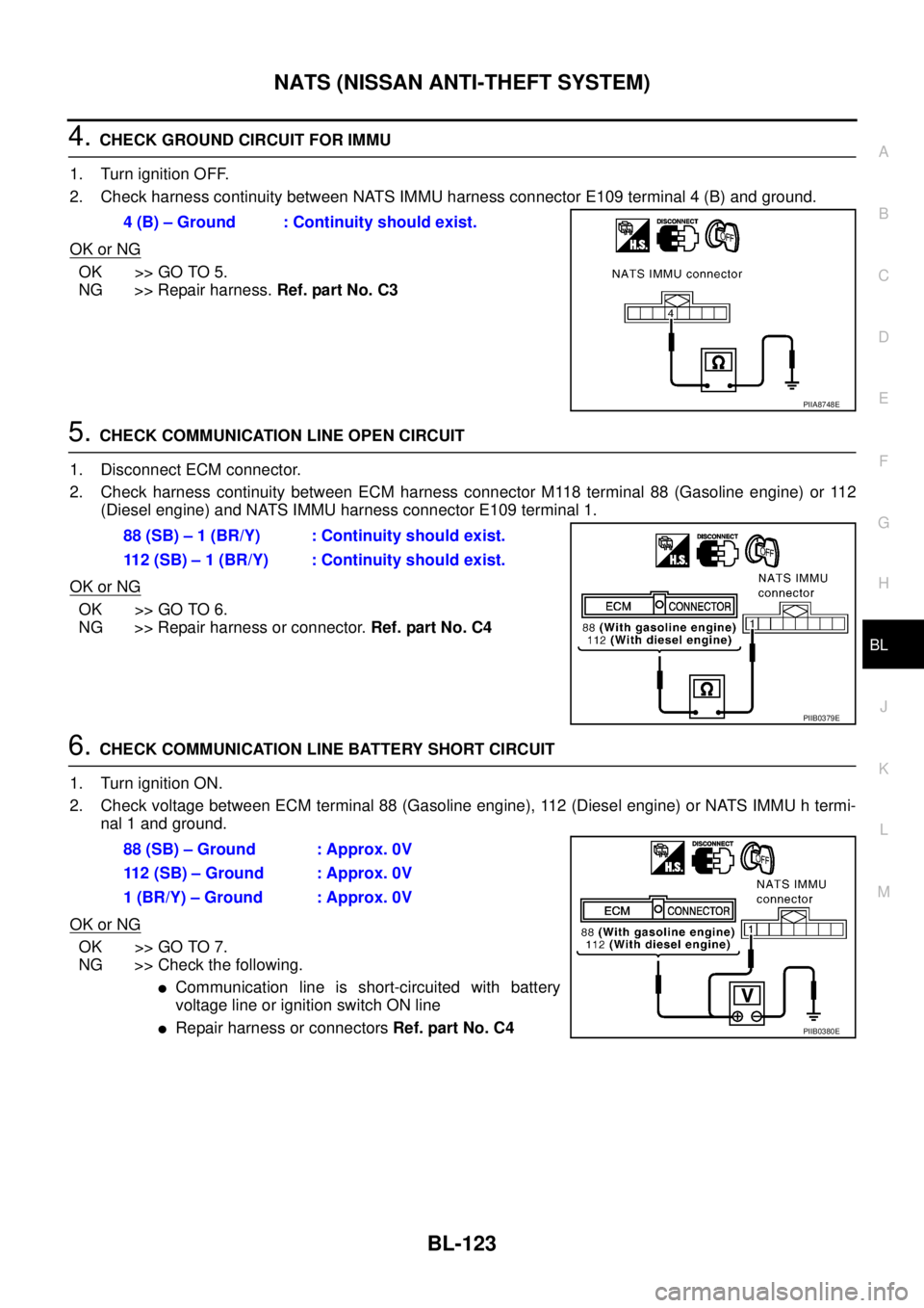 NISSAN X-TRAIL 2003  Service Repair Manual NATS (NISSAN ANTI-THEFT SYSTEM)
BL-123
C
D
E
F
G
H
J
K
L
MA
B
BL
 
4. CHECK GROUND CIRCUIT FOR IMMU
1. Turn ignition OFF.
2. Check harness continuity between NATS IMMU harness connector E109 terminal 