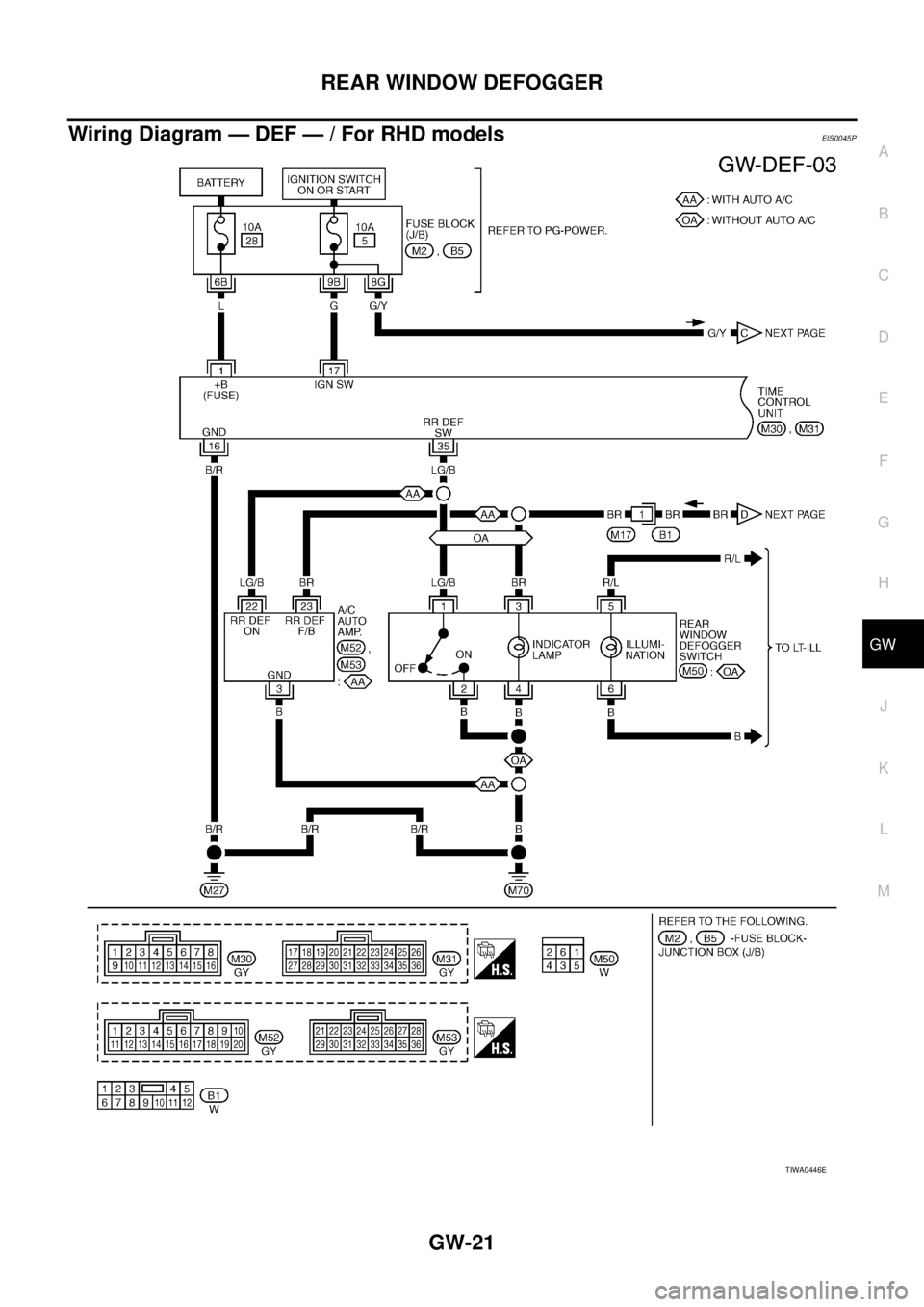 NISSAN X-TRAIL 2003  Service Repair Manual REAR WINDOW DEFOGGER
GW-21
C
D
E
F
G
H
J
K
L
MA
B
GW
 
Wiring Diagram — DEF — / For RHD modelsEIS0045P
TIWA0446E 
