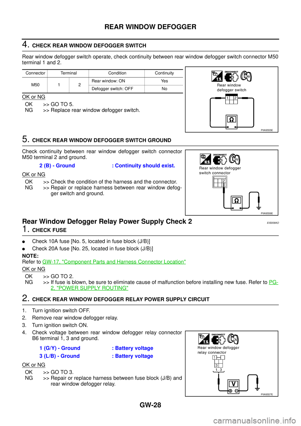 NISSAN X-TRAIL 2003 Service Repair Manual GW-28
REAR WINDOW DEFOGGER
4. CHECK REAR WINDOW DEFOGGER SWITCH
Rear window defogger switch operate, check continuity between rear window defogger switch connector M50
terminal 1 and 2.
OK or NG
OK NISSAN X-TRAIL 2003 Service Repair Manual GW-28
REAR WINDOW DEFOGGER
4. CHECK REAR WINDOW DEFOGGER SWITCH
Rear window defogger switch operate, check continuity between rear window defogger switch connector M50
terminal 1 and 2.
OK or NG
OK