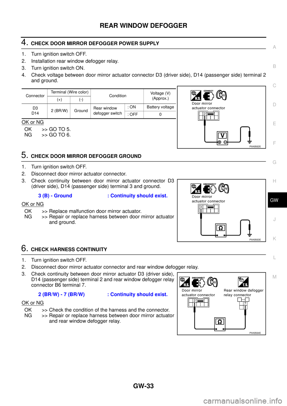 NISSAN X-TRAIL 2003 Service Repair Manual REAR WINDOW DEFOGGER
GW-33
C
D
E
F
G
H
J
K
L
MA
B
GW
4. CHECK DOOR MIRROR DEFOGGER POWER SUPPLY
1. Turn ignition switch OFF.
2. Installation rear window defogger relay.
3. Turn ignition switch ON.
4 NISSAN X-TRAIL 2003 Service Repair Manual REAR WINDOW DEFOGGER
GW-33
C
D
E
F
G
H
J
K
L
MA
B
GW
4. CHECK DOOR MIRROR DEFOGGER POWER SUPPLY
1. Turn ignition switch OFF.
2. Installation rear window defogger relay.
3. Turn ignition switch ON.
4