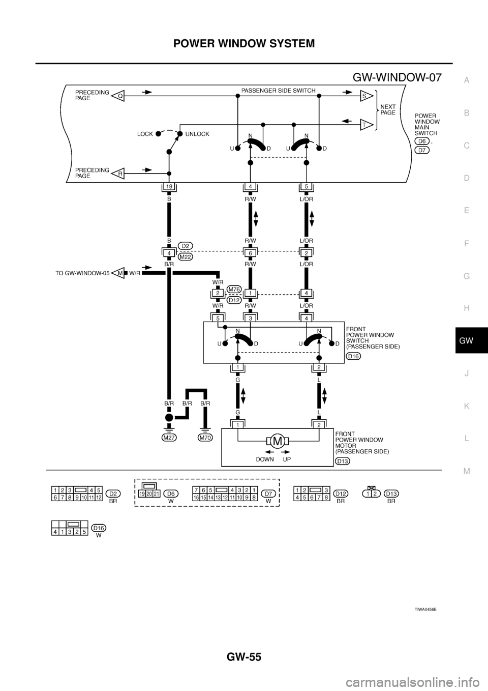 NISSAN X-TRAIL 2003  Service Repair Manual POWER WINDOW SYSTEM
GW-55
C
D
E
F
G
H
J
K
L
MA
B
GW
 
TIWA0456E 