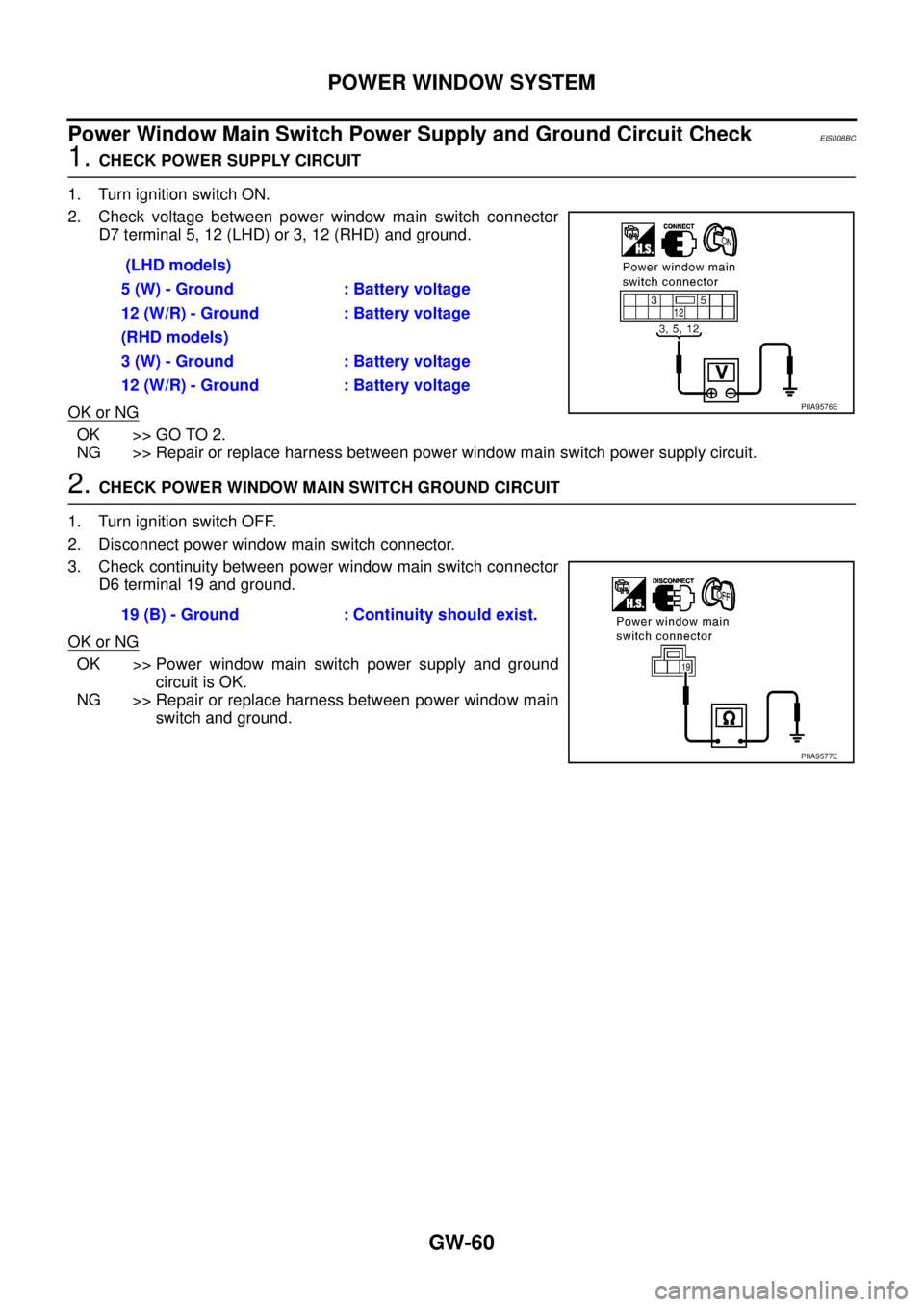 NISSAN X-TRAIL 2003  Service Repair Manual GW-60
POWER WINDOW SYSTEM
 
Power Window Main Switch Power Supply and Ground Circuit CheckEIS008BC
1. CHECK POWER SUPPLY CIRCUIT 
1. Turn ignition switch ON.
2. Check voltage between power window main