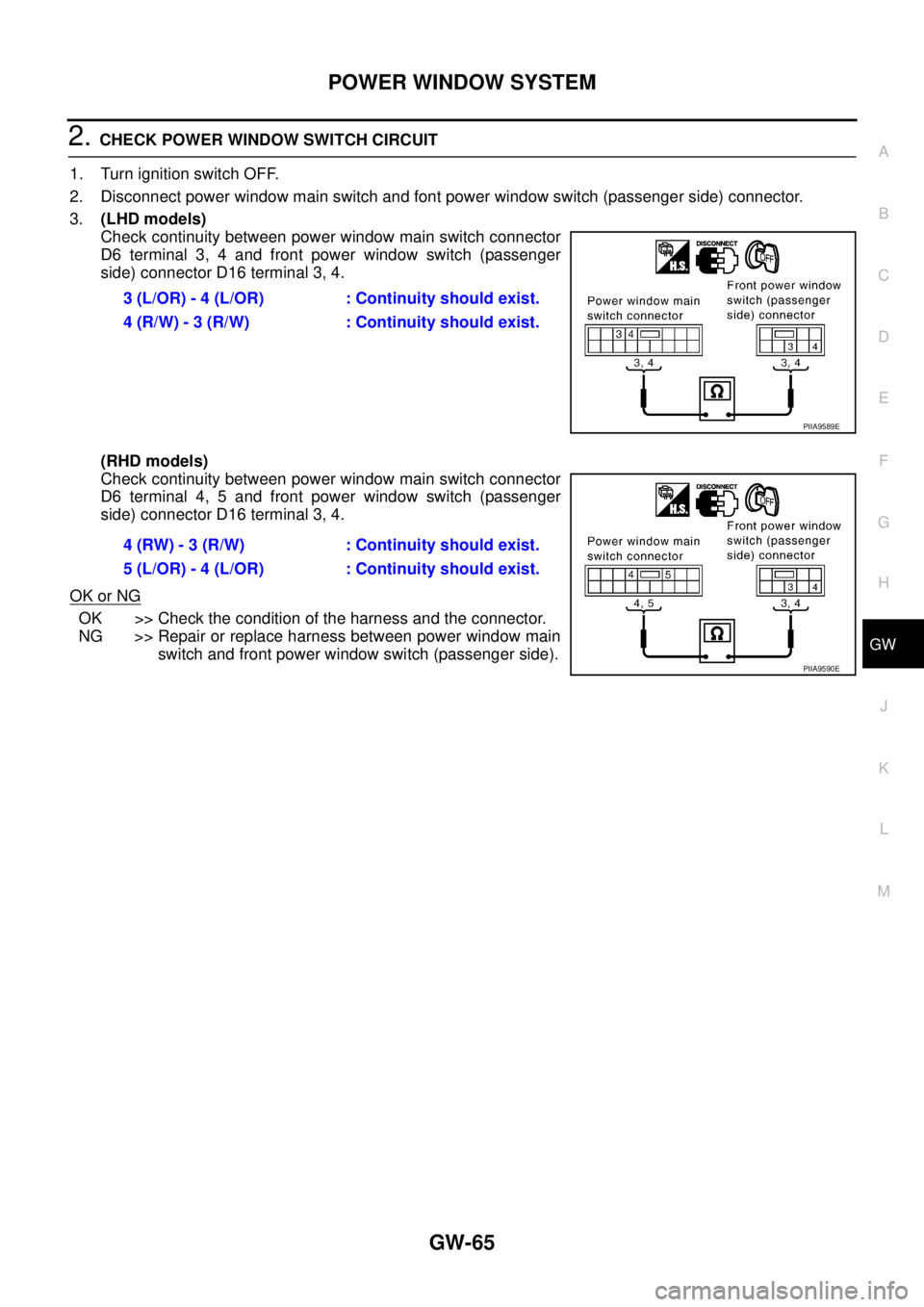 NISSAN X-TRAIL 2003  Service Repair Manual POWER WINDOW SYSTEM
GW-65
C
D
E
F
G
H
J
K
L
MA
B
GW
 
2. CHECK POWER WINDOW SWITCH CIRCUIT
1. Turn ignition switch OFF.
2. Disconnect power window main switch and font power window switch (passenger s