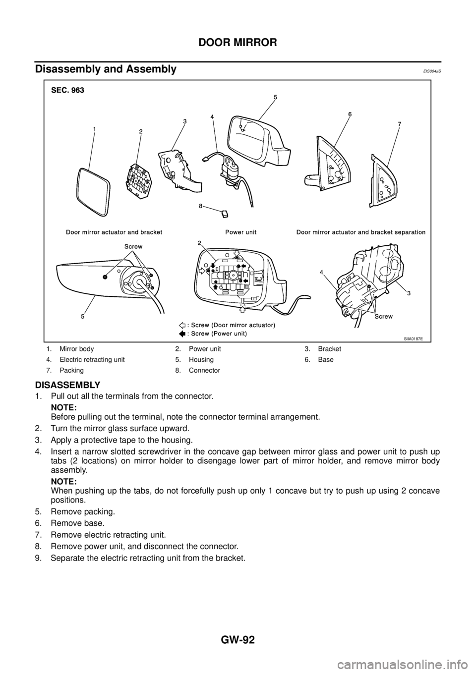 NISSAN X-TRAIL 2003  Service Repair Manual GW-92
DOOR MIRROR
 
Disassembly and AssemblyEIS004JS
DISASSEMBLY
1. Pull out all the terminals from the connector.
NOTE:
Before pulling out the terminal, note the connector terminal arrangement.
2. Tu