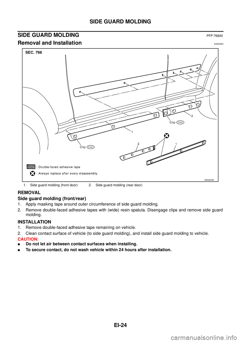 NISSAN X-TRAIL 2003  Service Repair Manual EI-24
SIDE GUARD MOLDING
 
SIDE GUARD MOLDINGPFP:76840
Removal and InstallationEIS000N3
REMOVAL
Side guard molding (front/rear)
1. Apply masking tape around outer circumference of side guard molding.
