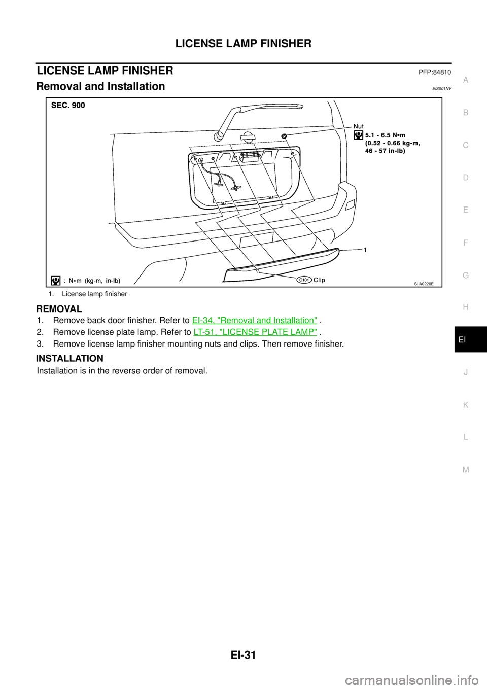 NISSAN X-TRAIL 2003  Service Repair Manual LICENSE LAMP FINISHER
EI-31
C
D
E
F
G
H
J
K
L
MA
B
EI
 
LICENSE LAMP FINISHERPFP:84810
Removal and InstallationEIS001NV
REMOVAL
1. Remove back door finisher. Refer to EI-34, "Removal and Installation"