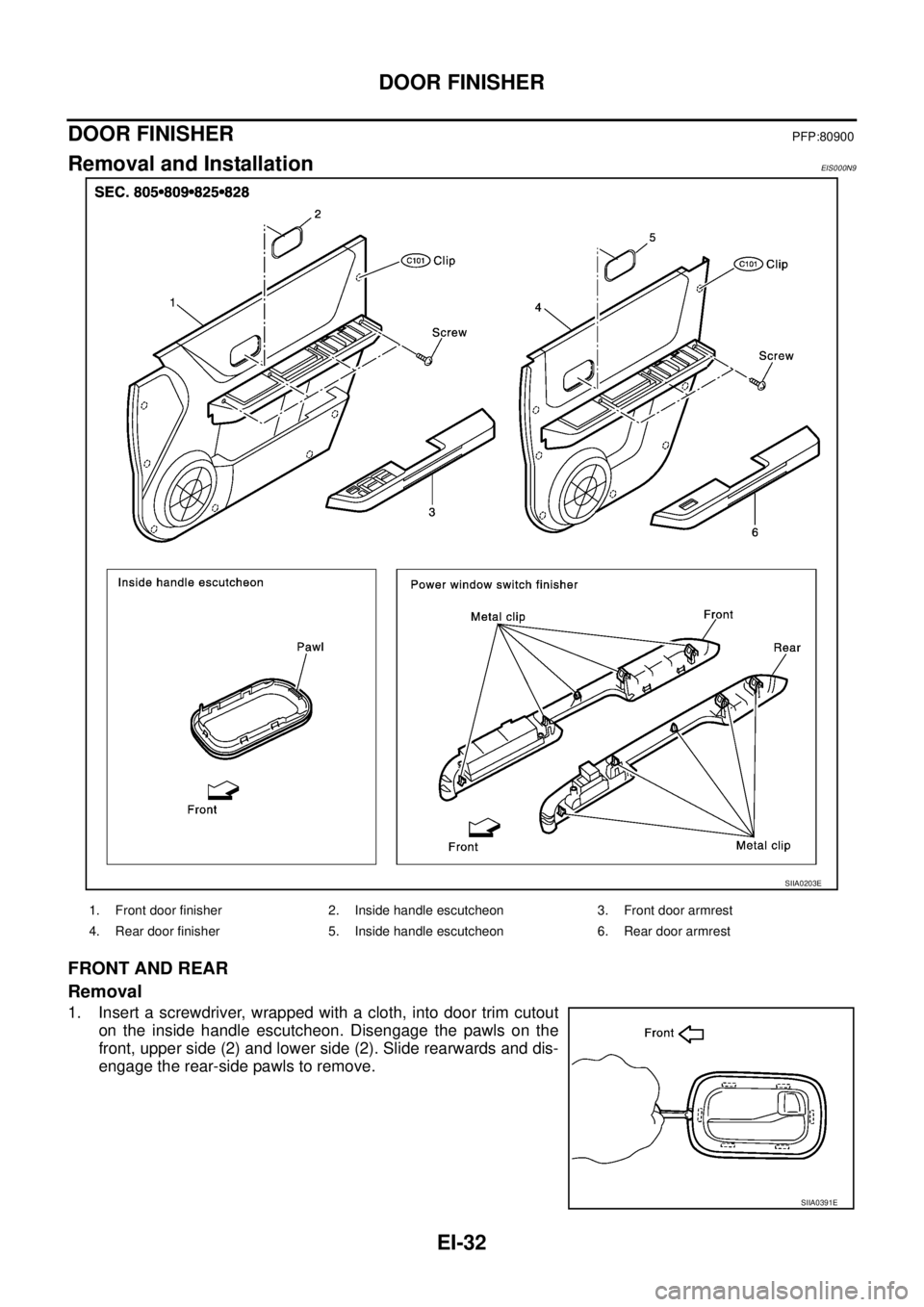 NISSAN X-TRAIL 2003  Service Repair Manual EI-32
DOOR FINISHER
 
DOOR FINISHERPFP:80900
Removal and InstallationEIS000N9
FRONT AND REAR
Removal
1. Insert a screwdriver, wrapped with a cloth, into door trim cutout
on the inside handle escutcheo