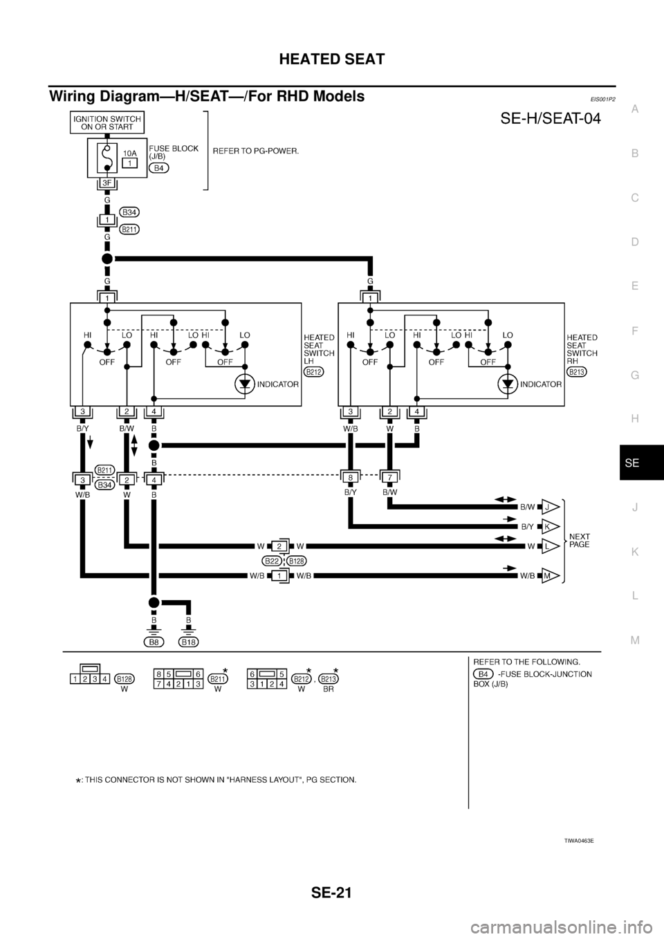 NISSAN X-TRAIL 2003  Service Repair Manual HEATED SEAT
SE-21
C
D
E
F
G
H
J
K
L
MA
B
SE
 
Wiring Diagram—H/SEAT—/For RHD ModelsEIS001P2
TIWA0463E 