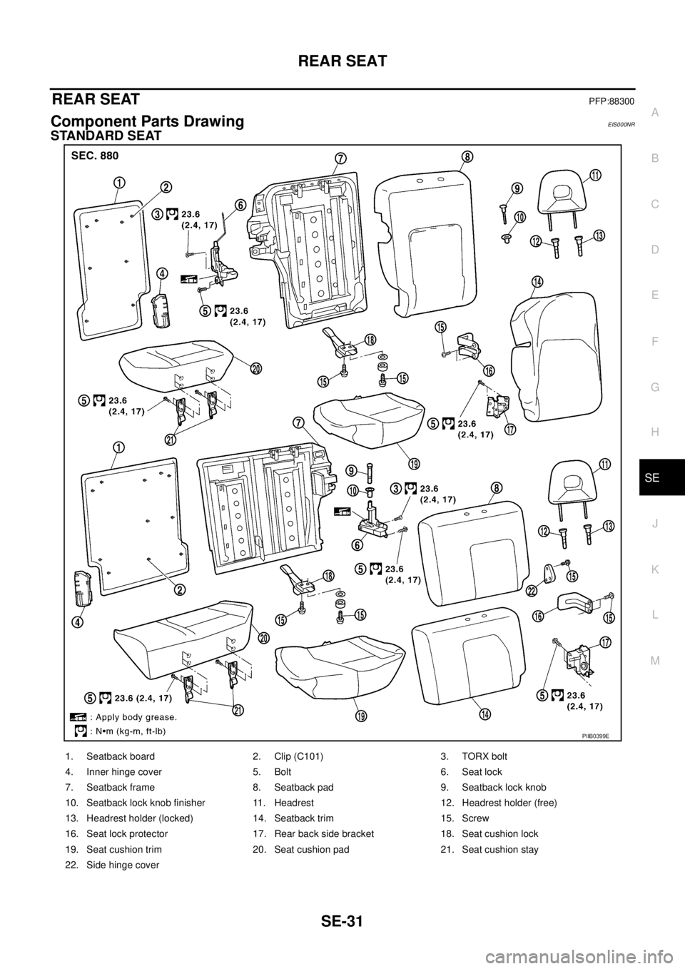 NISSAN X-TRAIL 2003  Service Repair Manual REAR SEAT
SE-31
C
D
E
F
G
H
J
K
L
MA
B
SE
 
REAR SEATPFP:88300
Component Parts DrawingEIS000NR
STANDARD SEAT
PIIB0399E
1. Seatback board 2. Clip (C101) 3. TORX bolt
4. Inner hinge cover 5. Bolt 6. Sea