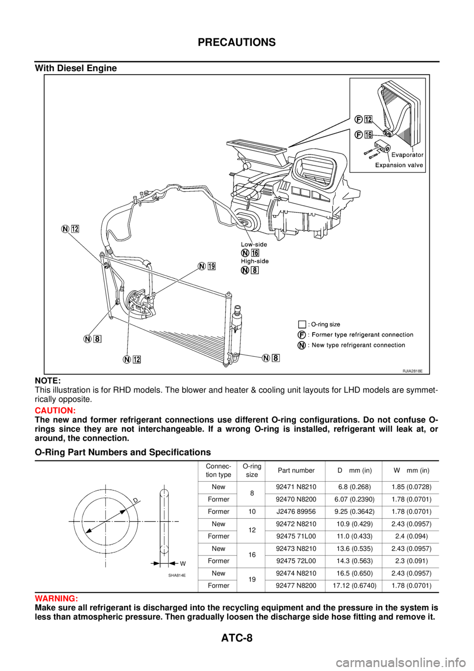 NISSAN X-TRAIL 2003 Service Repair Manual ATC-8
PRECAUTIONS
With Diesel Engine
NOTE:
This illustration is for RHD models. The blower and heater & cooling unit layouts for LHD models are symmet-
rically opposite.
CAUTION:
The new and former NISSAN X-TRAIL 2003 Service Repair Manual ATC-8
PRECAUTIONS
With Diesel Engine
NOTE:
This illustration is for RHD models. The blower and heater & cooling unit layouts for LHD models are symmet-
rically opposite.
CAUTION:
The new and former