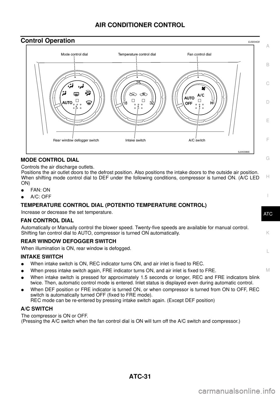 NISSAN X-TRAIL 2003 Service Repair Manual AIR CONDITIONER CONTROL
ATC-31
C
D
E
F
G
H
I
K
L
MA
B
AT C
Control OperationEJS004G9
MODE CONTROL DIAL
Controls the air discharge outlets.
Positions the air outlet doors to the defrost position. Als NISSAN X-TRAIL 2003 Service Repair Manual AIR CONDITIONER CONTROL
ATC-31
C
D
E
F
G
H
I
K
L
MA
B
AT C
Control OperationEJS004G9
MODE CONTROL DIAL
Controls the air discharge outlets.
Positions the air outlet doors to the defrost position. Als