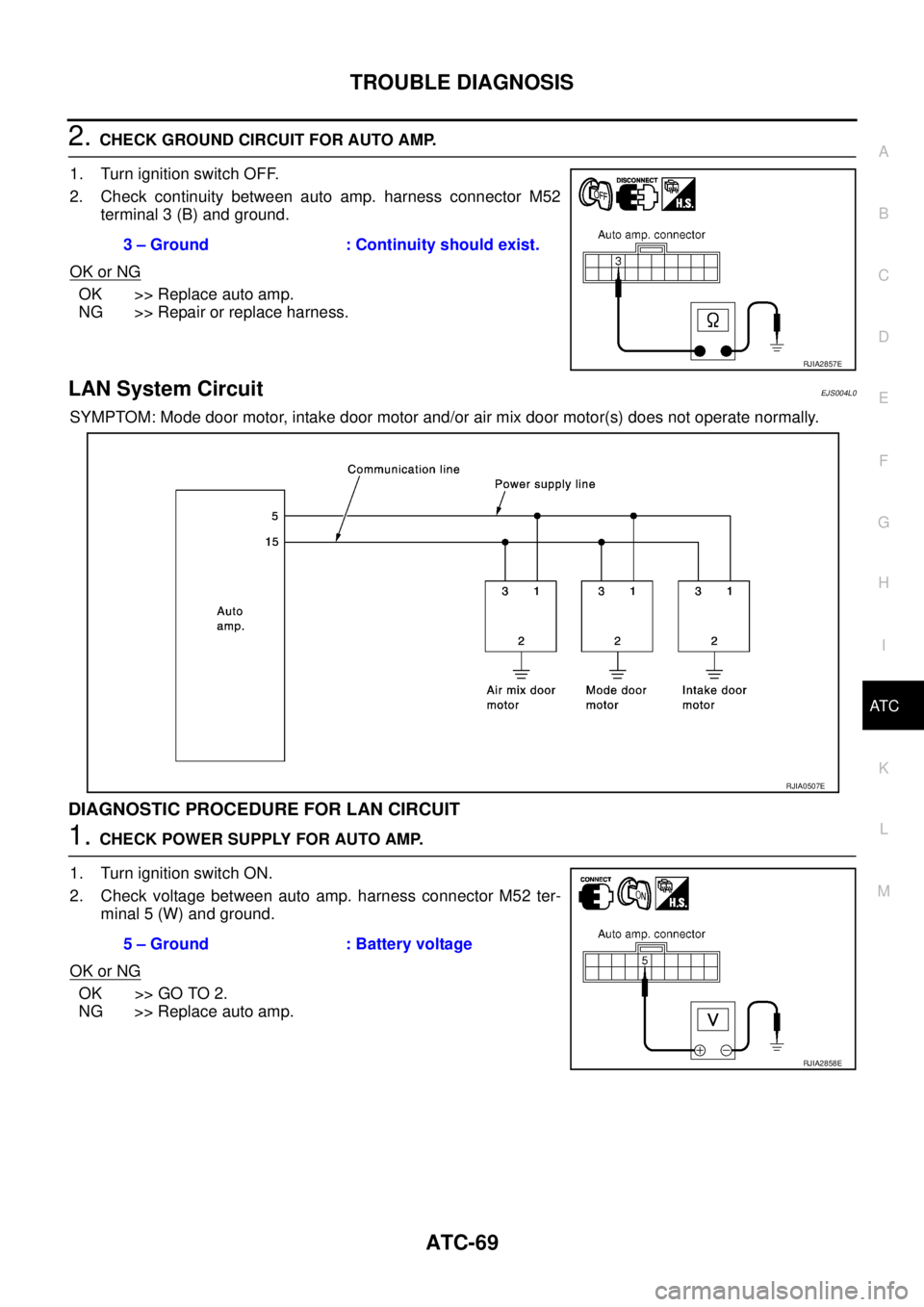 NISSAN X-TRAIL 2003  Service Repair Manual TROUBLE DIAGNOSIS
ATC-69
C
D
E
F
G
H
I
K
L
MA
B
AT C
 
2. CHECK GROUND CIRCUIT FOR AUTO AMP.
1. Turn ignition switch OFF.
2. Check continuity between auto amp. harness connector M52
terminal 3 (B) and