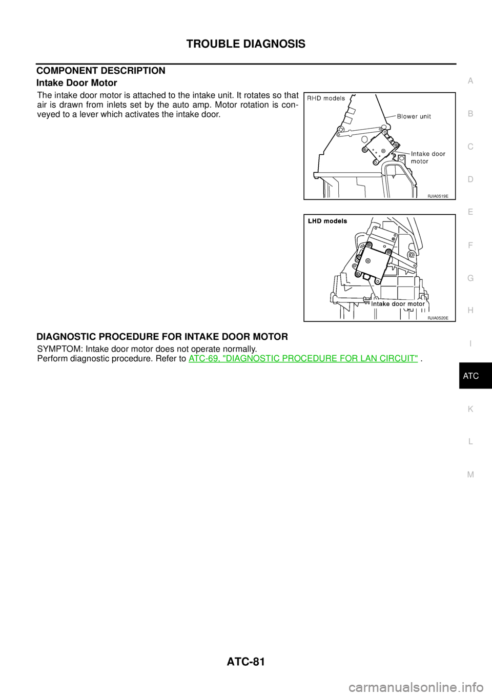 NISSAN X-TRAIL 2003  Service Repair Manual TROUBLE DIAGNOSIS
ATC-81
C
D
E
F
G
H
I
K
L
MA
B
AT C
 
COMPONENT DESCRIPTION
Intake Door Motor
The intake door motor is attached to the intake unit. It rotates so that
air is drawn from inlets set by 