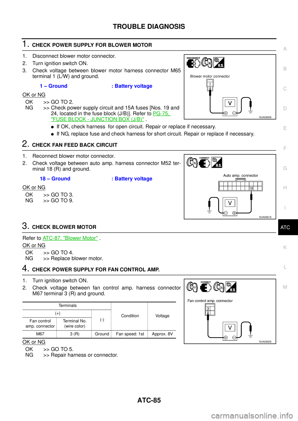 NISSAN X-TRAIL 2003 Service Repair Manual TROUBLE DIAGNOSIS
ATC-85
C
D
E
F
G
H
I
K
L
MA
B
AT C
1. CHECK POWER SUPPLY FOR BLOWER MOTOR
1. Disconnect blower motor connector.
2. Turn ignition switch ON.
3. Check voltage between blower motor ha NISSAN X-TRAIL 2003 Service Repair Manual TROUBLE DIAGNOSIS
ATC-85
C
D
E
F
G
H
I
K
L
MA
B
AT C
1. CHECK POWER SUPPLY FOR BLOWER MOTOR
1. Disconnect blower motor connector.
2. Turn ignition switch ON.
3. Check voltage between blower motor ha
