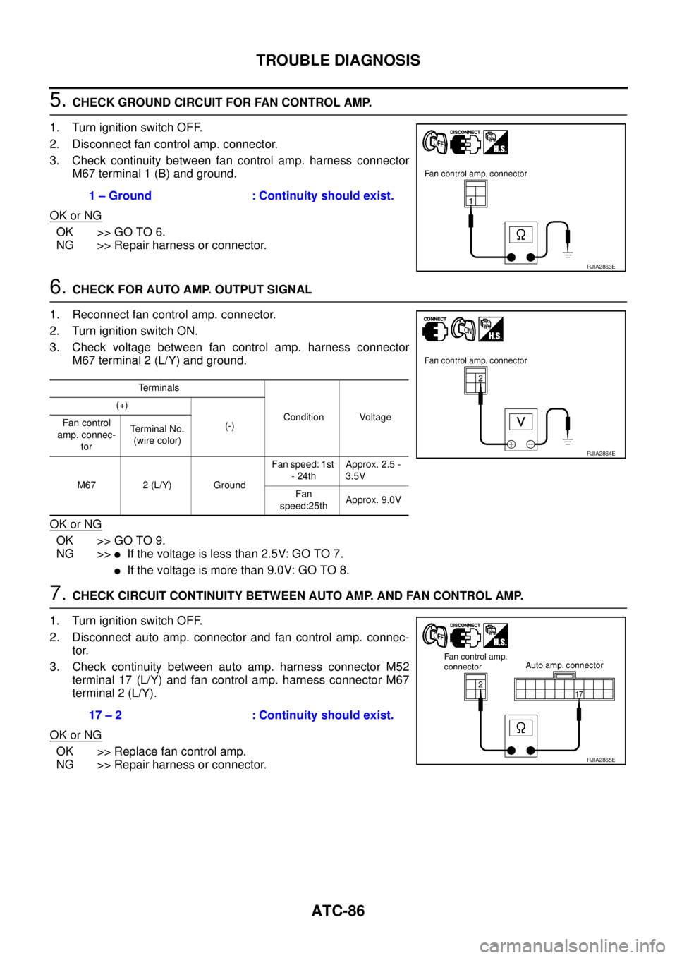 NISSAN X-TRAIL 2003 Service Repair Manual ATC-86
TROUBLE DIAGNOSIS
5. CHECK GROUND CIRCUIT FOR FAN CONTROL AMP.
1. Turn ignition switch OFF.
2. Disconnect fan control amp. connector.
3. Check continuity between fan control amp. harness conn NISSAN X-TRAIL 2003 Service Repair Manual ATC-86
TROUBLE DIAGNOSIS
5. CHECK GROUND CIRCUIT FOR FAN CONTROL AMP.
1. Turn ignition switch OFF.
2. Disconnect fan control amp. connector.
3. Check continuity between fan control amp. harness conn