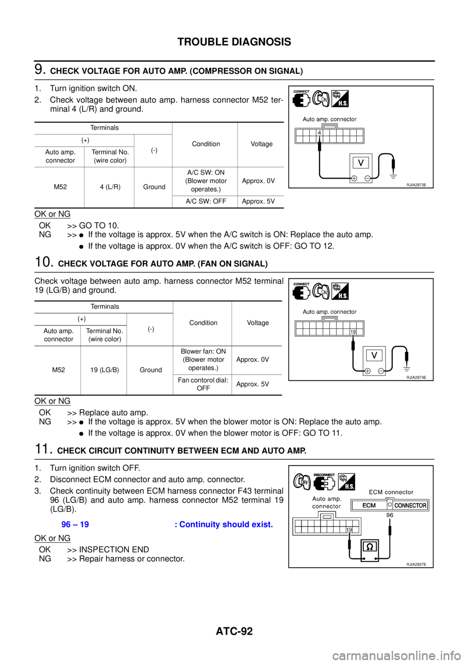 NISSAN X-TRAIL 2003 Service Repair Manual ATC-92
TROUBLE DIAGNOSIS
9. CHECK VOLTAGE FOR AUTO AMP. (COMPRESSOR ON SIGNAL)
1. Turn ignition switch ON.
2. Check voltage between auto amp. harness connector M52 ter-
minal 4 (L/R) and ground.
OK NISSAN X-TRAIL 2003 Service Repair Manual ATC-92
TROUBLE DIAGNOSIS
9. CHECK VOLTAGE FOR AUTO AMP. (COMPRESSOR ON SIGNAL)
1. Turn ignition switch ON.
2. Check voltage between auto amp. harness connector M52 ter-
minal 4 (L/R) and ground.
OK