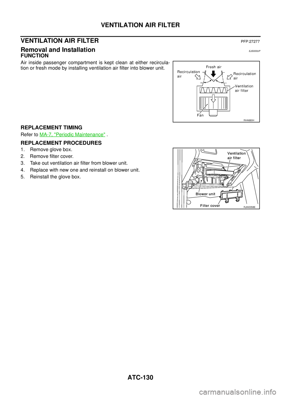 NISSAN X-TRAIL 2003  Service Repair Manual ATC-130
VENTILATION AIR FILTER
 
VENTILATION AIR FILTER PFP:27277
Removal and InstallationEJS000UP
FUNCTION
Air inside passenger compartment is kept clean at either recircula-
tion or fresh mode by in