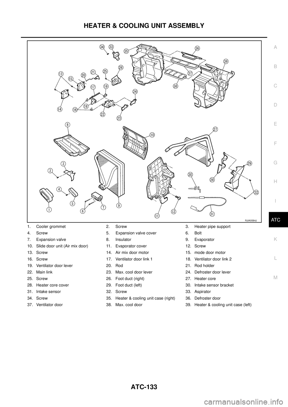 NISSAN X-TRAIL 2003  Service Repair Manual HEATER & COOLING UNIT ASSEMBLY
ATC-133
C
D
E
F
G
H
I
K
L
MA
B
AT C
 
1. Cooler grommet 2. Screw 3. Heater pipe support
4. Screw 5. Expansion valve cover 6. Bolt
7. Expansion valve 8. Insulator 9. Evap