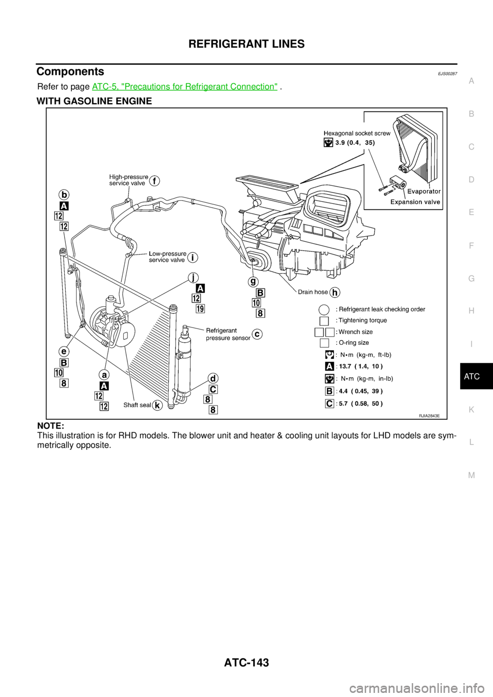NISSAN X-TRAIL 2003  Service Repair Manual REFRIGERANT LINES
ATC-143
C
D
E
F
G
H
I
K
L
MA
B
AT C
 
ComponentsEJS00287
Refer to page AT C - 5 ,  "Precautions for Refrigerant Connection" .
WITH GASOLINE ENGINE
NOTE:
This illustration is for RHD 