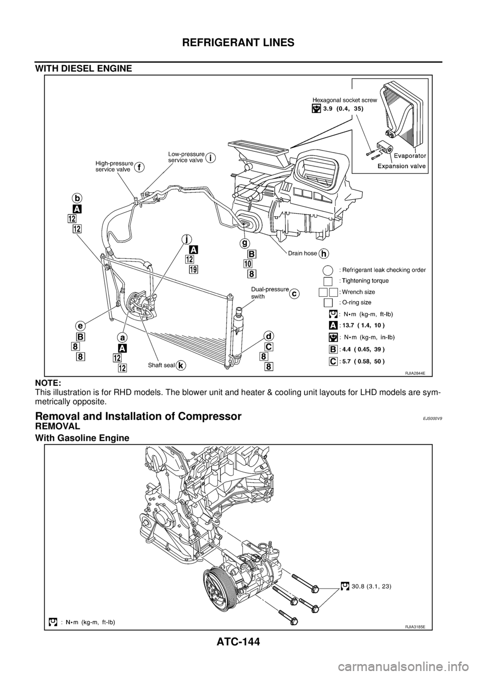 NISSAN X-TRAIL 2003  Service Repair Manual ATC-144
REFRIGERANT LINES
 
WITH DIESEL ENGINE
NOTE:
This illustration is for RHD models. The blower unit and heater & cooling unit layouts for LHD models are sym-
metrically opposite.
Removal and Ins
