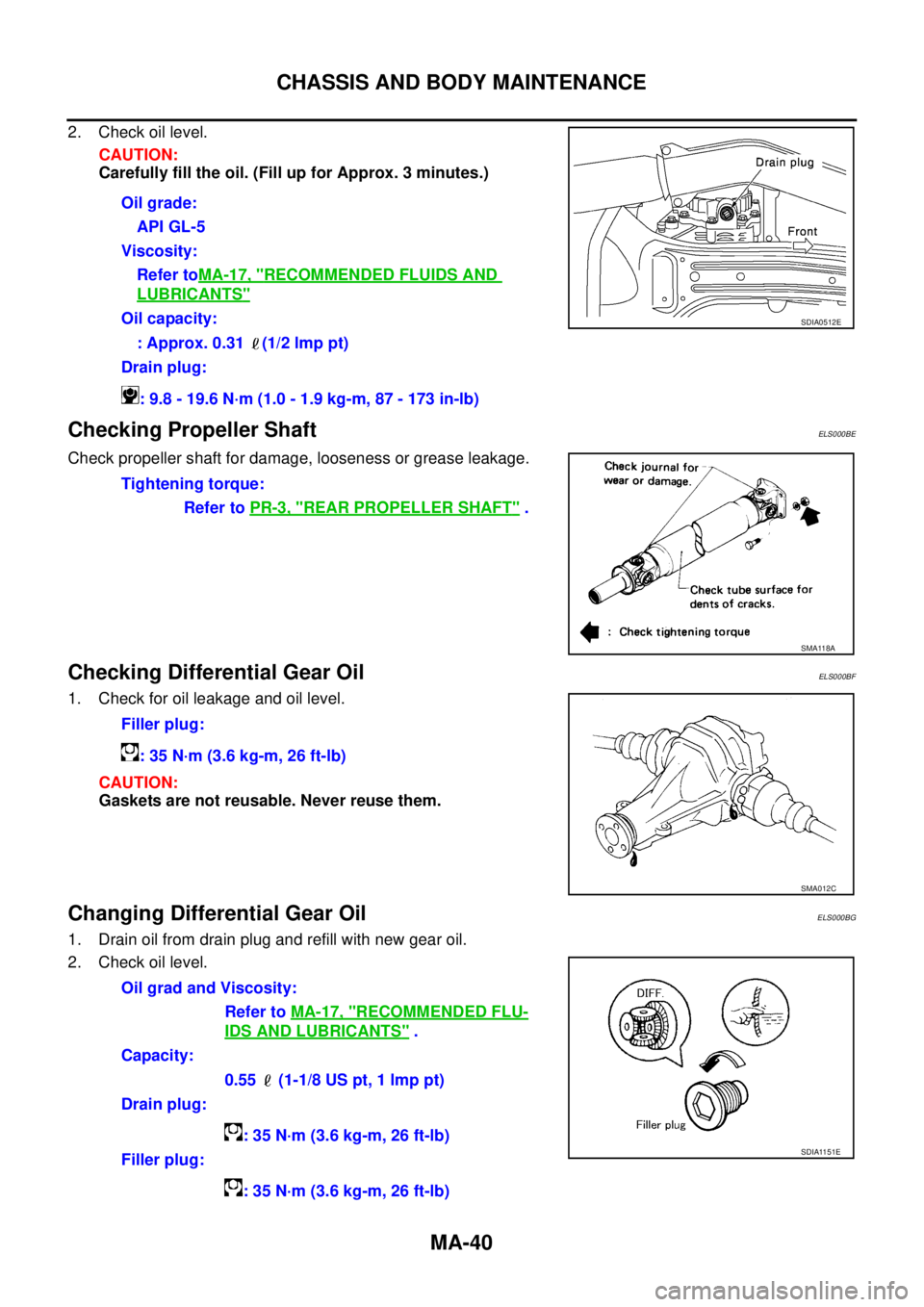NISSAN X-TRAIL 2003 Service Repair Manual MA-40
CHASSIS AND BODY MAINTENANCE
2. Check oil level.
CAUTION:
Carefully fill the oil. (Fill up for Approx. 3 minutes.)
Checking Propeller ShaftELS000BE
Check propeller shaft for damage, looseness NISSAN X-TRAIL 2003 Service Repair Manual MA-40
CHASSIS AND BODY MAINTENANCE
2. Check oil level.
CAUTION:
Carefully fill the oil. (Fill up for Approx. 3 minutes.)
Checking Propeller ShaftELS000BE
Check propeller shaft for damage, looseness