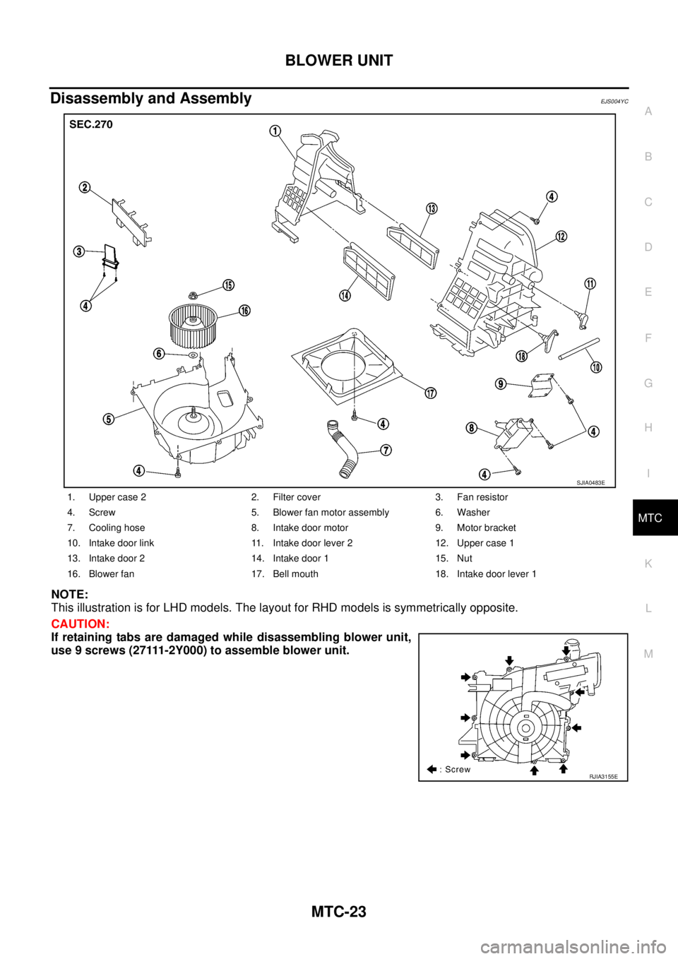 NISSAN X-TRAIL 2003  Service Repair Manual BLOWER UNIT
MTC-23
C
D
E
F
G
H
I
K
L
MA
B
MTC
 
Disassembly and AssemblyEJS004YC
NOTE:
This illustration is for LHD models. The layout for RHD models is symmetrically opposite.
CAUTION:
If retaining t