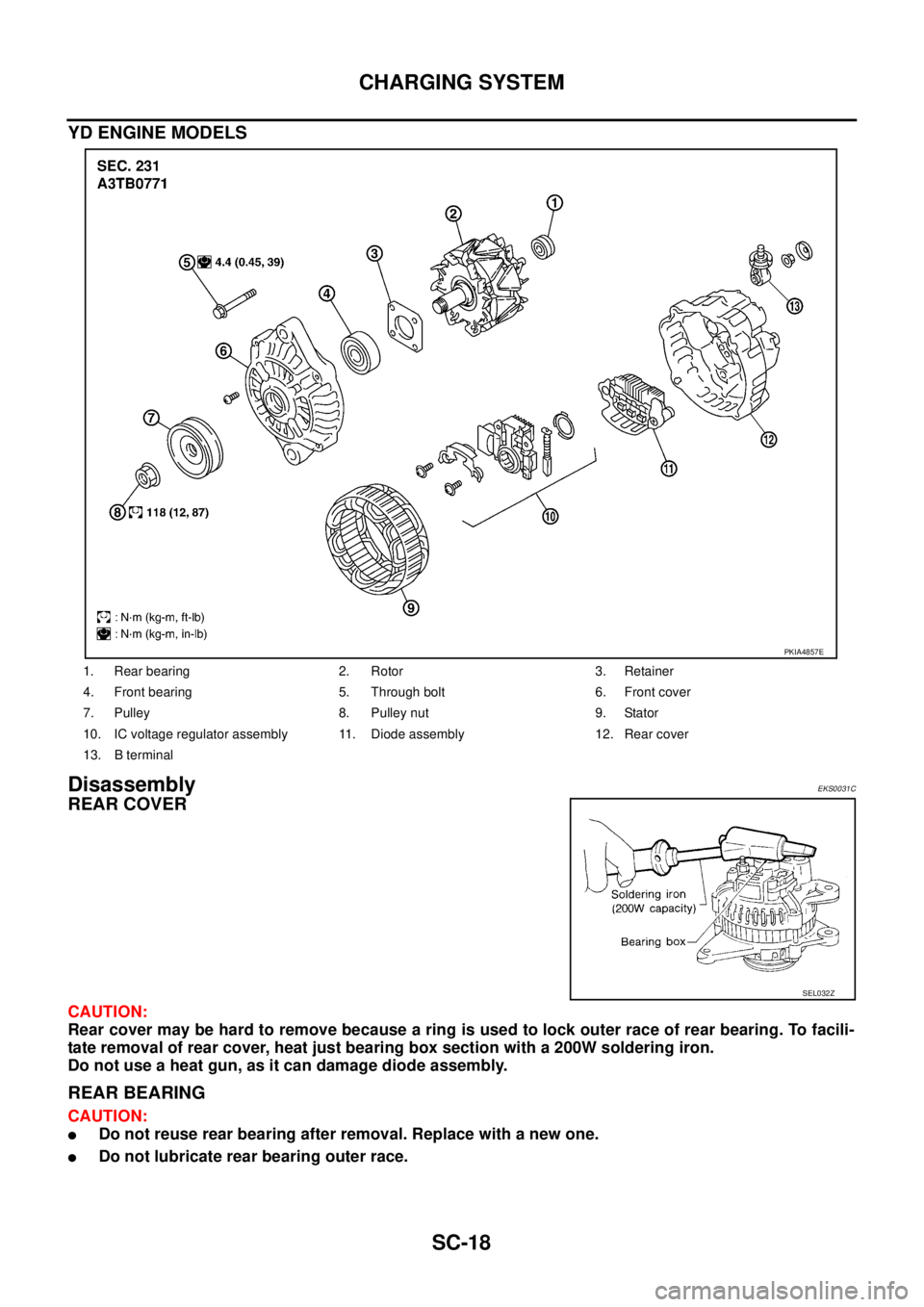 NISSAN X-TRAIL 2003  Service Repair Manual SC-18
CHARGING SYSTEM
 
YD ENGINE MODELS
DisassemblyEKS0031C
REAR COVER
CAUTION:
Rear cover may be hard to remove because a ring is used to lock outer race of rear bearing. To facili-
tate removal of 