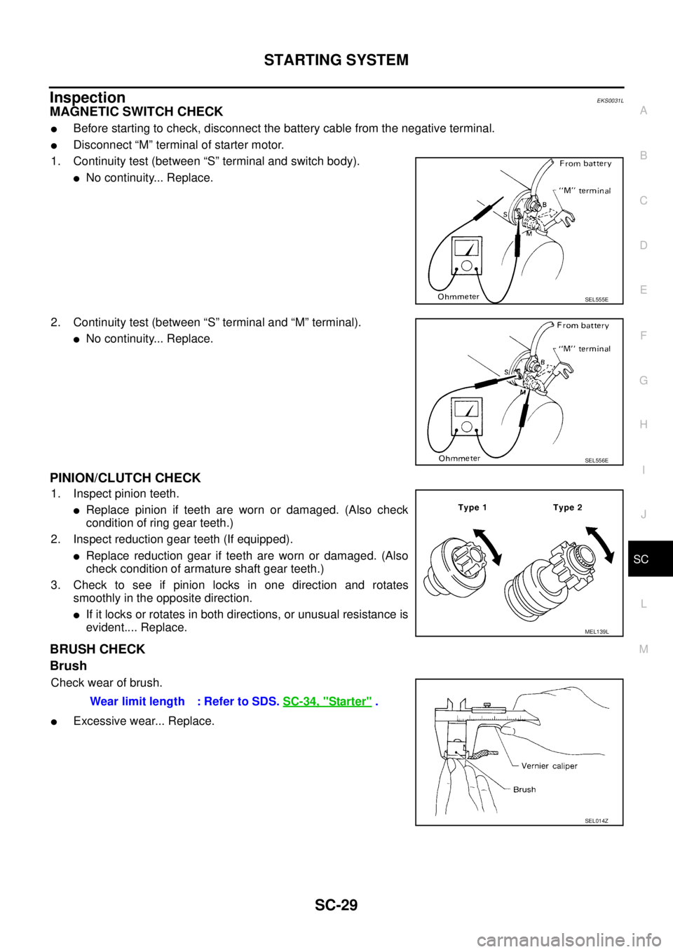 NISSAN X-TRAIL 2003 Service Repair Manual STARTING SYSTEM
SC-29
C
D
E
F
G
H
I
J
L
MA
B
SC
InspectionEKS0031L
MAGNETIC SWITCH CHECK
Before starting to check, disconnect the battery cable from the negative terminal.
Disconnect “M” termi NISSAN X-TRAIL 2003 Service Repair Manual STARTING SYSTEM
SC-29
C
D
E
F
G
H
I
J
L
MA
B
SC
InspectionEKS0031L
MAGNETIC SWITCH CHECK
Before starting to check, disconnect the battery cable from the negative terminal.
Disconnect “M” termi