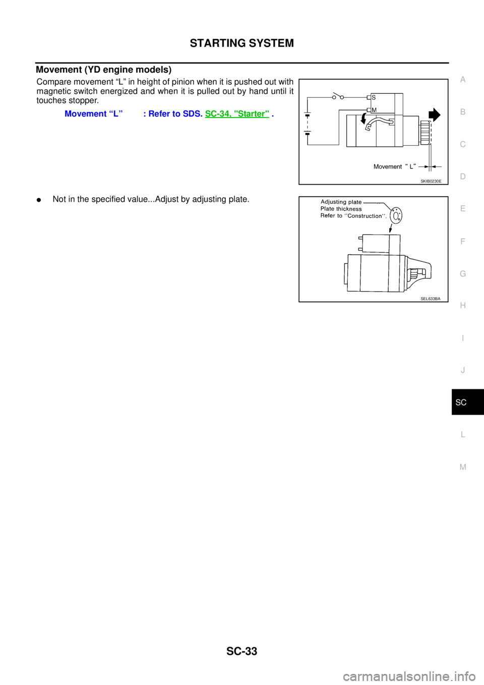 NISSAN X-TRAIL 2003  Service Repair Manual STARTING SYSTEM
SC-33
C
D
E
F
G
H
I
J
L
MA
B
SC
 
Movement (YD engine models)
Compare movement “L” in height of pinion when it is pushed out with
magnetic switch energized and when it is pulled ou