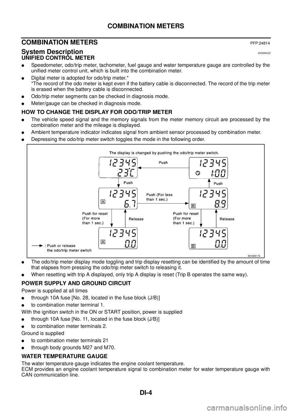 NISSAN X-TRAIL 2003 Service Repair Manual DI-4
COMBINATION METERS
COMBINATION METERSPFP:24814
System DescriptionEKS00EGZ
UNIFIED CONTROL METER
Speedometer, odo/trip meter, tachometer, fuel gauge and water temperature gauge are controlled b NISSAN X-TRAIL 2003 Service Repair Manual DI-4
COMBINATION METERS
COMBINATION METERSPFP:24814
System DescriptionEKS00EGZ
UNIFIED CONTROL METER
Speedometer, odo/trip meter, tachometer, fuel gauge and water temperature gauge are controlled b