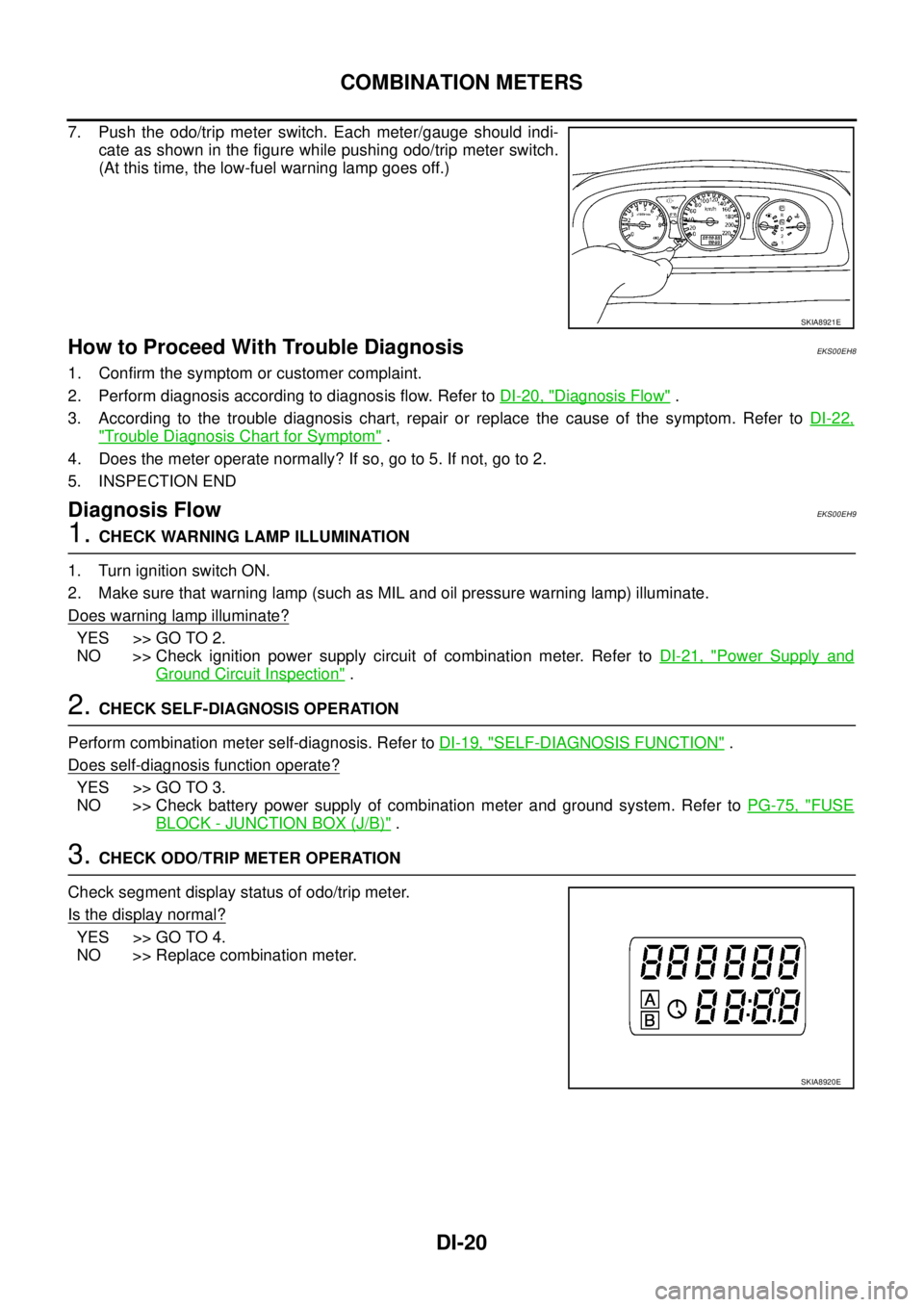 NISSAN X-TRAIL 2003 Service Repair Manual DI-20
COMBINATION METERS
7. Push the odo/trip meter switch. Each meter/gauge should indi-
cate as shown in the figure while pushing odo/trip meter switch.
(At this time, the low-fuel warning lamp go NISSAN X-TRAIL 2003 Service Repair Manual DI-20
COMBINATION METERS
7. Push the odo/trip meter switch. Each meter/gauge should indi-
cate as shown in the figure while pushing odo/trip meter switch.
(At this time, the low-fuel warning lamp go