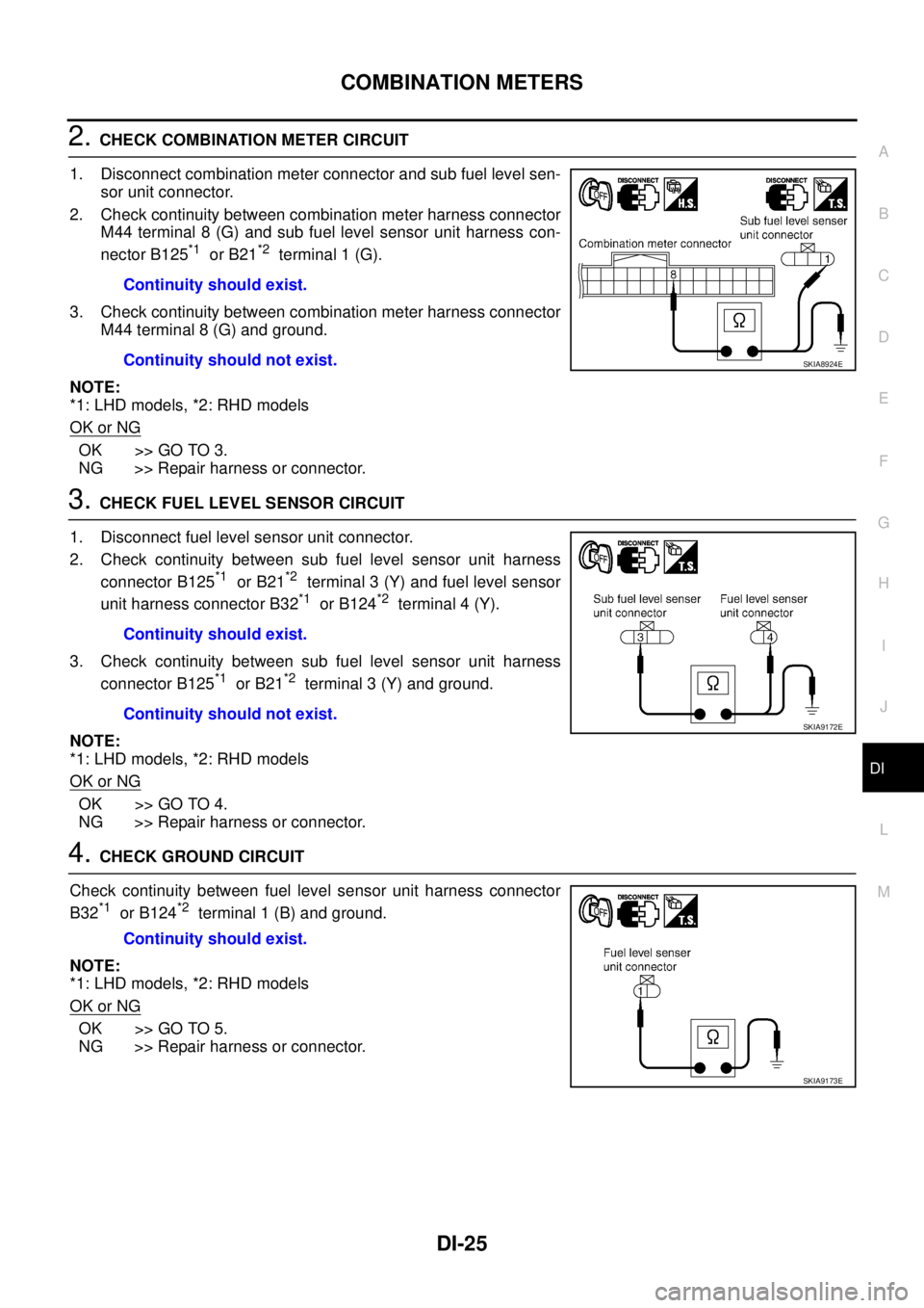 NISSAN X-TRAIL 2003 Service Repair Manual COMBINATION METERS
DI-25
C
D
E
F
G
H
I
J
L
MA
B
DI
2. CHECK COMBINATION METER CIRCUIT
1. Disconnect combination meter connector and sub fuel level sen-
sor unit connector.
2. Check continuity betwee NISSAN X-TRAIL 2003 Service Repair Manual COMBINATION METERS
DI-25
C
D
E
F
G
H
I
J
L
MA
B
DI
2. CHECK COMBINATION METER CIRCUIT
1. Disconnect combination meter connector and sub fuel level sen-
sor unit connector.
2. Check continuity betwee