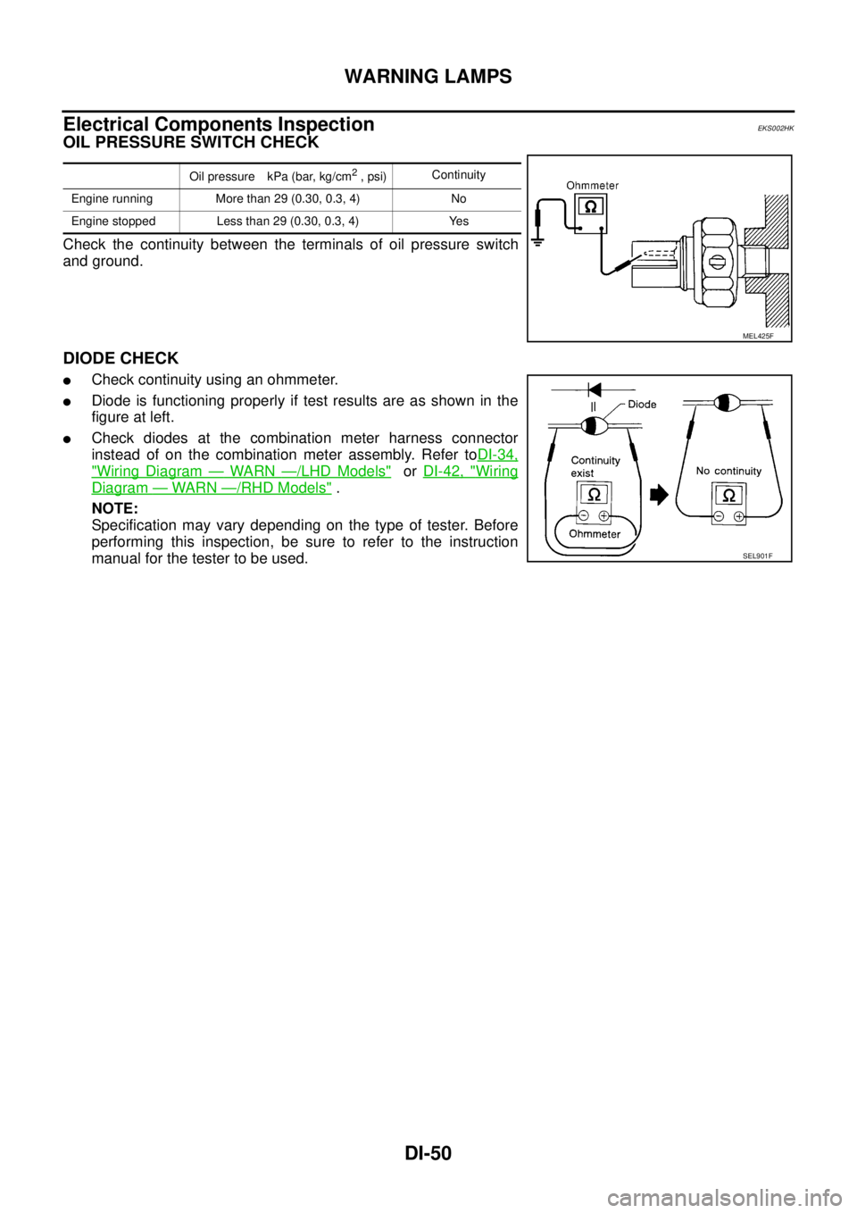 NISSAN X-TRAIL 2003  Service Repair Manual DI-50
WARNING LAMPS
 
Electrical Components InspectionEKS002HK
OIL PRESSURE SWITCH CHECK
Check the continuity between the terminals of oil pressure switch
and ground.
DIODE CHECK
Check continuity usi