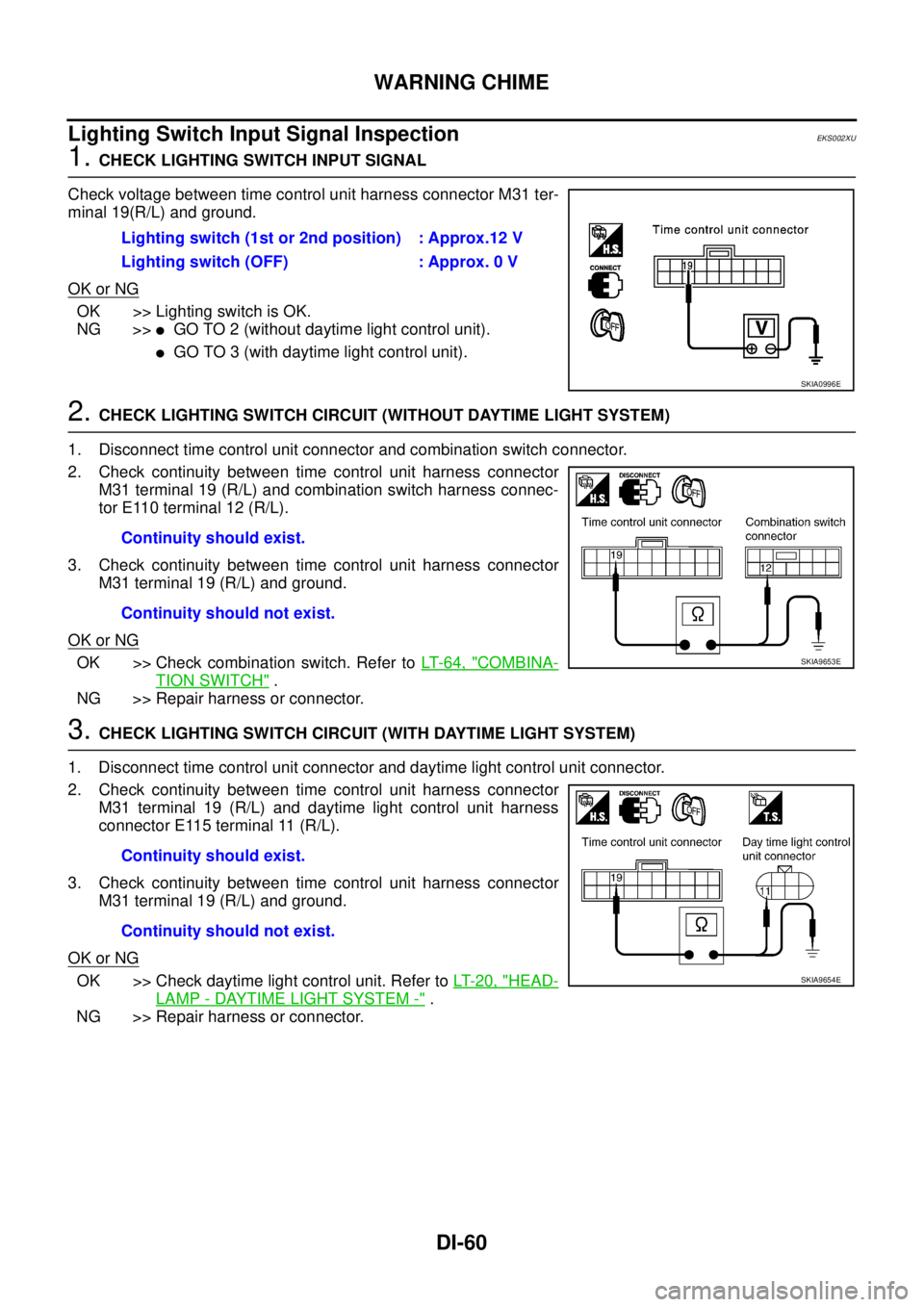 NISSAN X-TRAIL 2003 Service Repair Manual DI-60
WARNING CHIME
Lighting Switch Input Signal Inspection EKS002XU
1. CHECK LIGHTING SWITCH INPUT SIGNAL
Check voltage between time control unit harness connector M31 ter-
minal 19(R/L) and ground NISSAN X-TRAIL 2003 Service Repair Manual DI-60
WARNING CHIME
Lighting Switch Input Signal Inspection EKS002XU
1. CHECK LIGHTING SWITCH INPUT SIGNAL
Check voltage between time control unit harness connector M31 ter-
minal 19(R/L) and ground