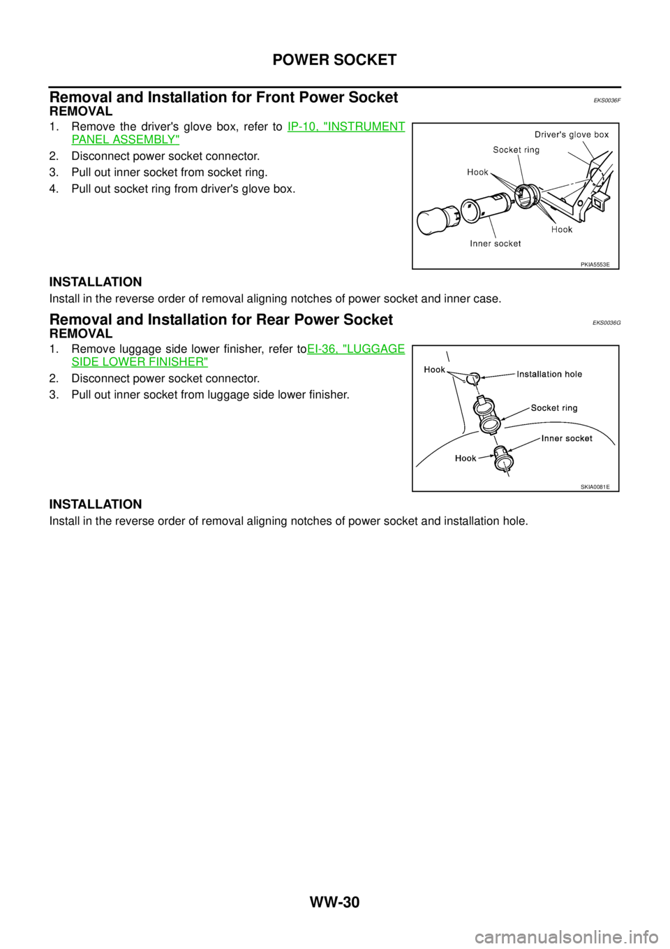NISSAN X-TRAIL 2003  Service Repair Manual WW-30
POWER SOCKET
 
Removal and Installation for Front Power SocketEKS0036F
REMOVAL
1. Remove the drivers glove box, refer to IP-10, "INSTRUMENT
PANEL ASSEMBLY"
2. Disconnect power socket connector.