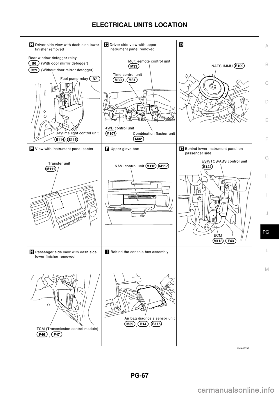 NISSAN X-TRAIL 2003  Service Repair Manual ELECTRICAL UNITS LOCATION
PG-67
C
D
E
F
G
H
I
J
L
MA
B
PG
 
CKIA0379E 