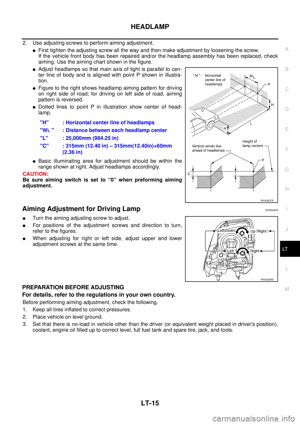 NISSAN X-TRAIL 2003 Service Repair Manual HEADLAMP
LT-15
C
D
E
F
G
H
I
J
L
MA
B
LT
2. Use adjusting screws to perform aiming adjustment.
First tighten the adjusting screw all the way and then make adjustment by loosening the screw.
If the NISSAN X-TRAIL 2003 Service Repair Manual HEADLAMP
LT-15
C
D
E
F
G
H
I
J
L
MA
B
LT
2. Use adjusting screws to perform aiming adjustment.
First tighten the adjusting screw all the way and then make adjustment by loosening the screw.
If the