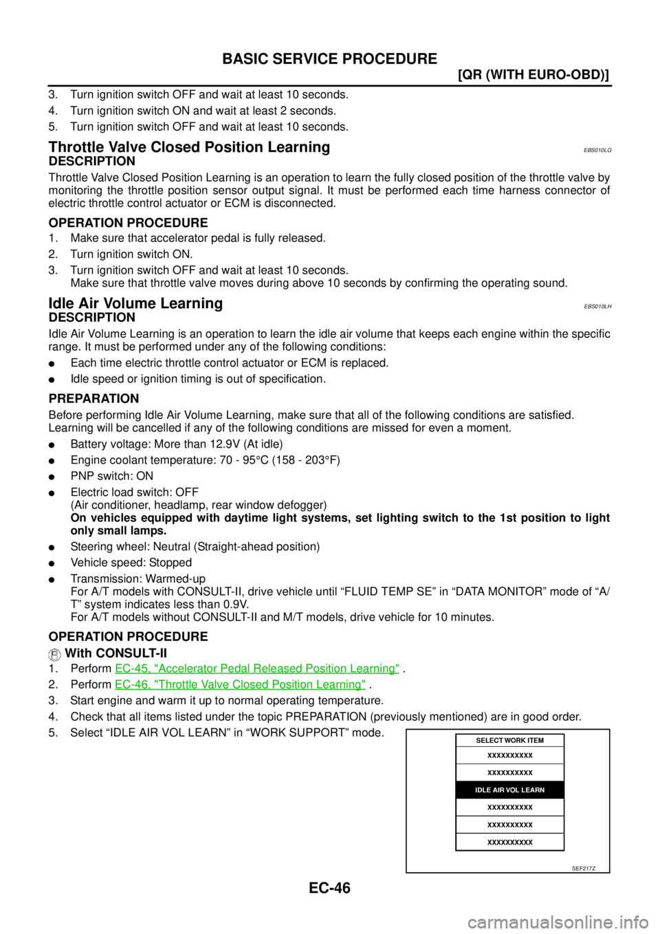 NISSAN X-TRAIL 2003  Service Repair Manual EC-46
[QR (WITH EURO-OBD)]
BASIC SERVICE PROCEDURE
 
3. Turn ignition switch OFF and wait at least 10 seconds.
4. Turn ignition switch ON and wait at least 2 seconds.
5. Turn ignition switch OFF and w
