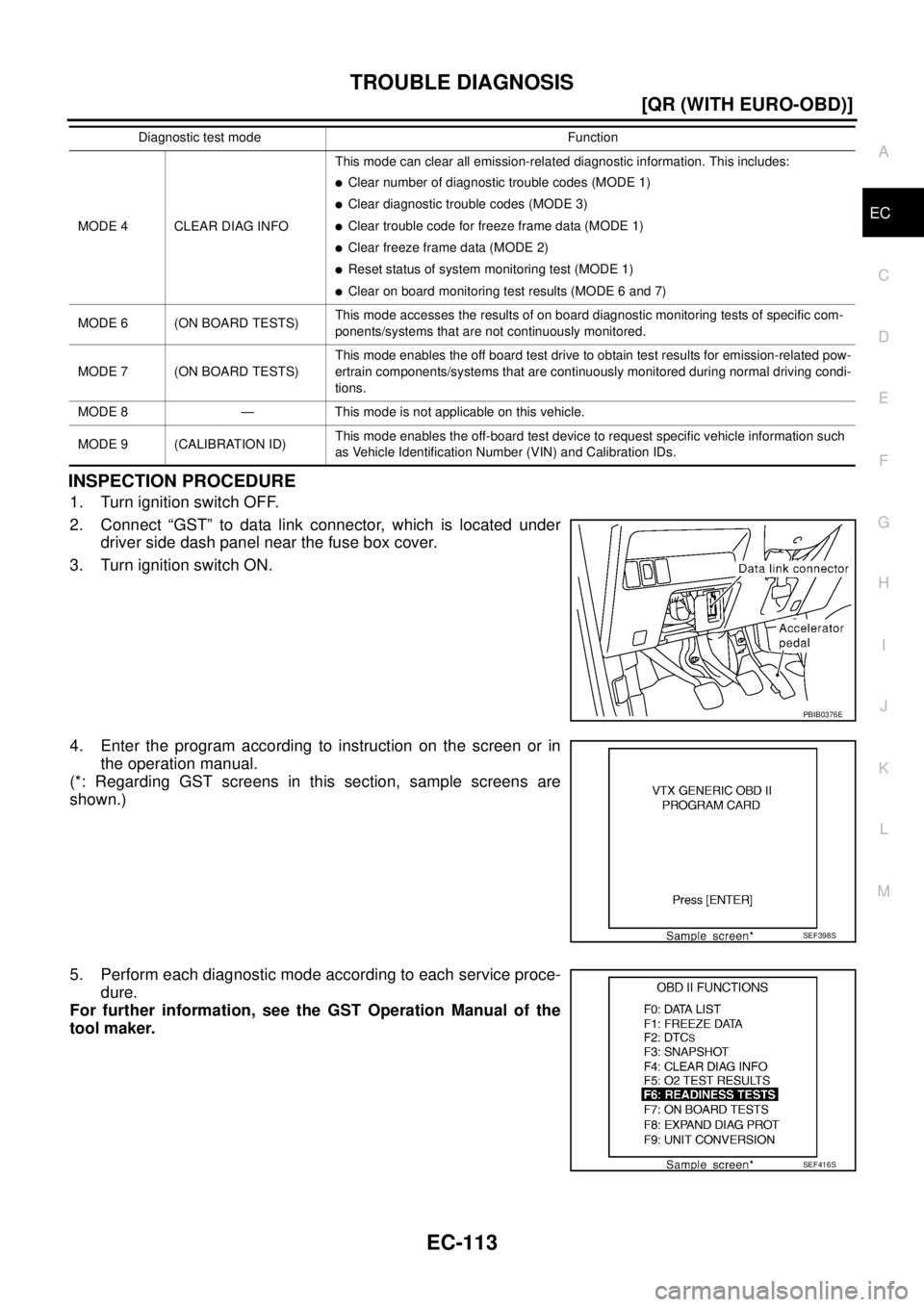NISSAN X-TRAIL 2003  Service Repair Manual TROUBLE DIAGNOSIS
EC-113
[QR (WITH EURO-OBD)]
C
D
E
F
G
H
I
J
K
L
MA
EC
 
INSPECTION PROCEDURE
1. Turn ignition switch OFF.
2. Connect “GST” to data link connector, which is located under
driver s