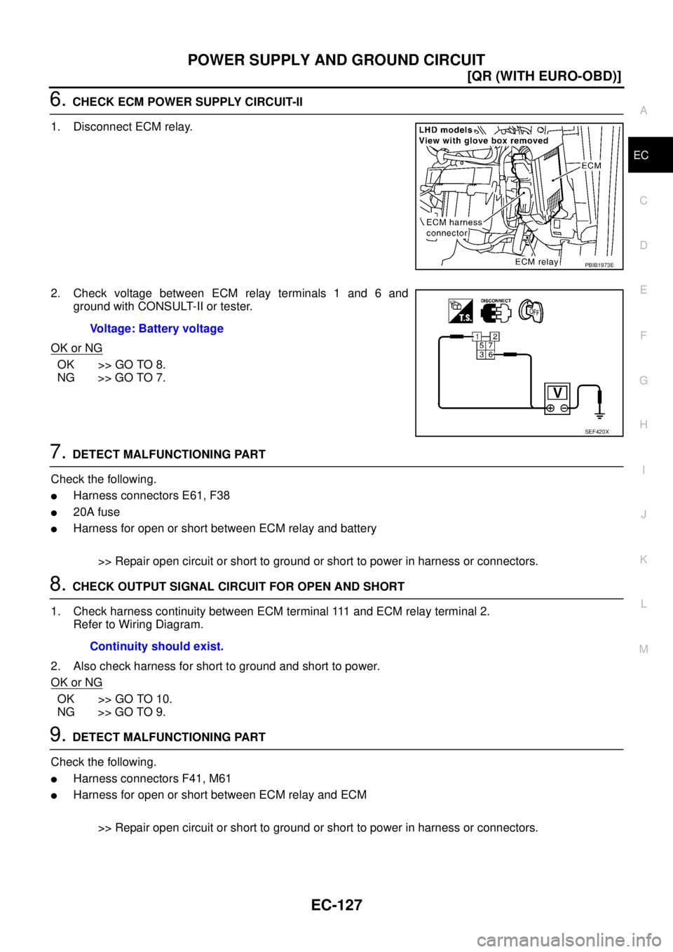 NISSAN X-TRAIL 2003  Service Repair Manual POWER SUPPLY AND GROUND CIRCUIT
EC-127
[QR (WITH EURO-OBD)]
C
D
E
F
G
H
I
J
K
L
MA
EC
 
6. CHECK ECM POWER SUPPLY CIRCUIT-II
1. Disconnect ECM relay.
2. Check voltage between ECM relay terminals 1 and