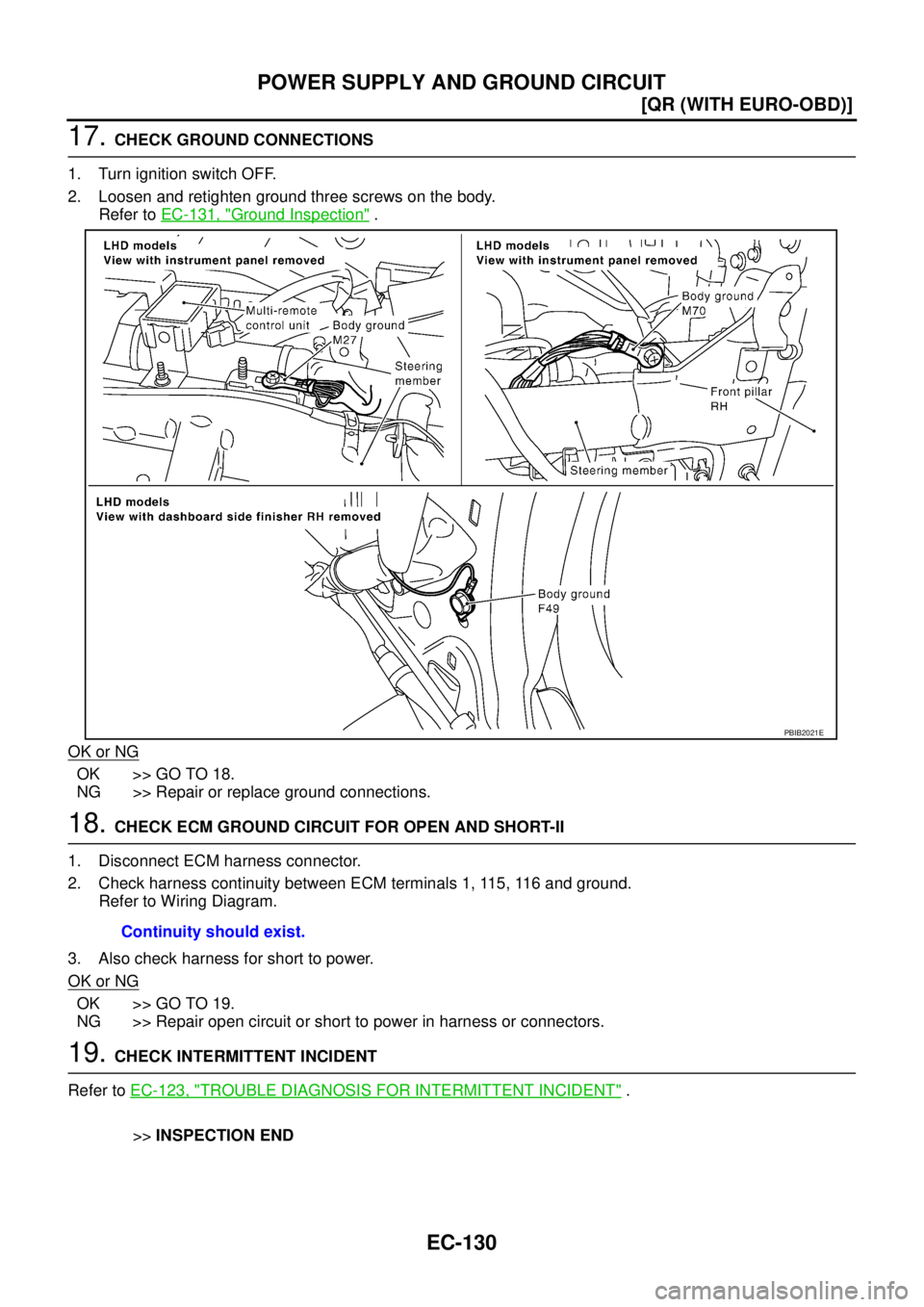 NISSAN X-TRAIL 2003  Service Repair Manual EC-130
[QR (WITH EURO-OBD)]
POWER SUPPLY AND GROUND CIRCUIT
 
17. CHECK GROUND CONNECTIONS
1. Turn ignition switch OFF.
2. Loosen and retighten ground three screws on the body.
Refer to EC-131, "
Grou